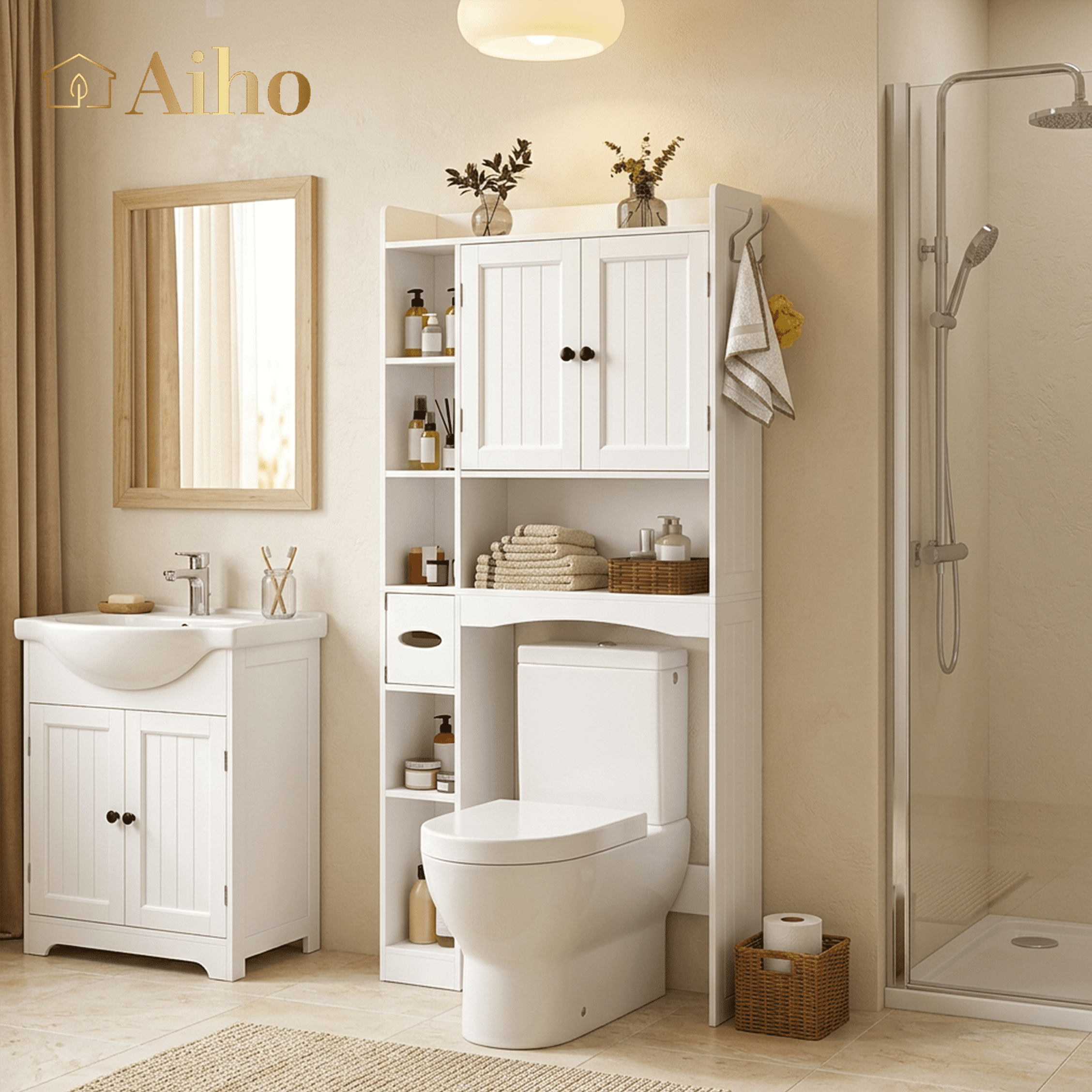 Aiho 66" H Over the Toilet Storage Cabinet with 2 Doors & Adjustable Shlef, Bathroom Organizer Above Toilet, Space Saver for Bathroom, Laund