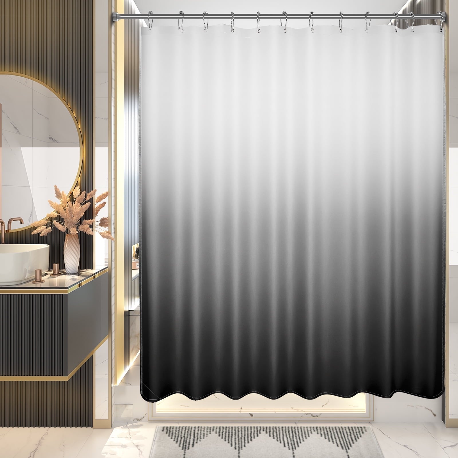 AmazerBath Shower Curtain, Gradual Black Fabric Shower Curtain Set with 12 Shower Curtain Hooks, Farmhouse Cloth Black and White Shower Curt