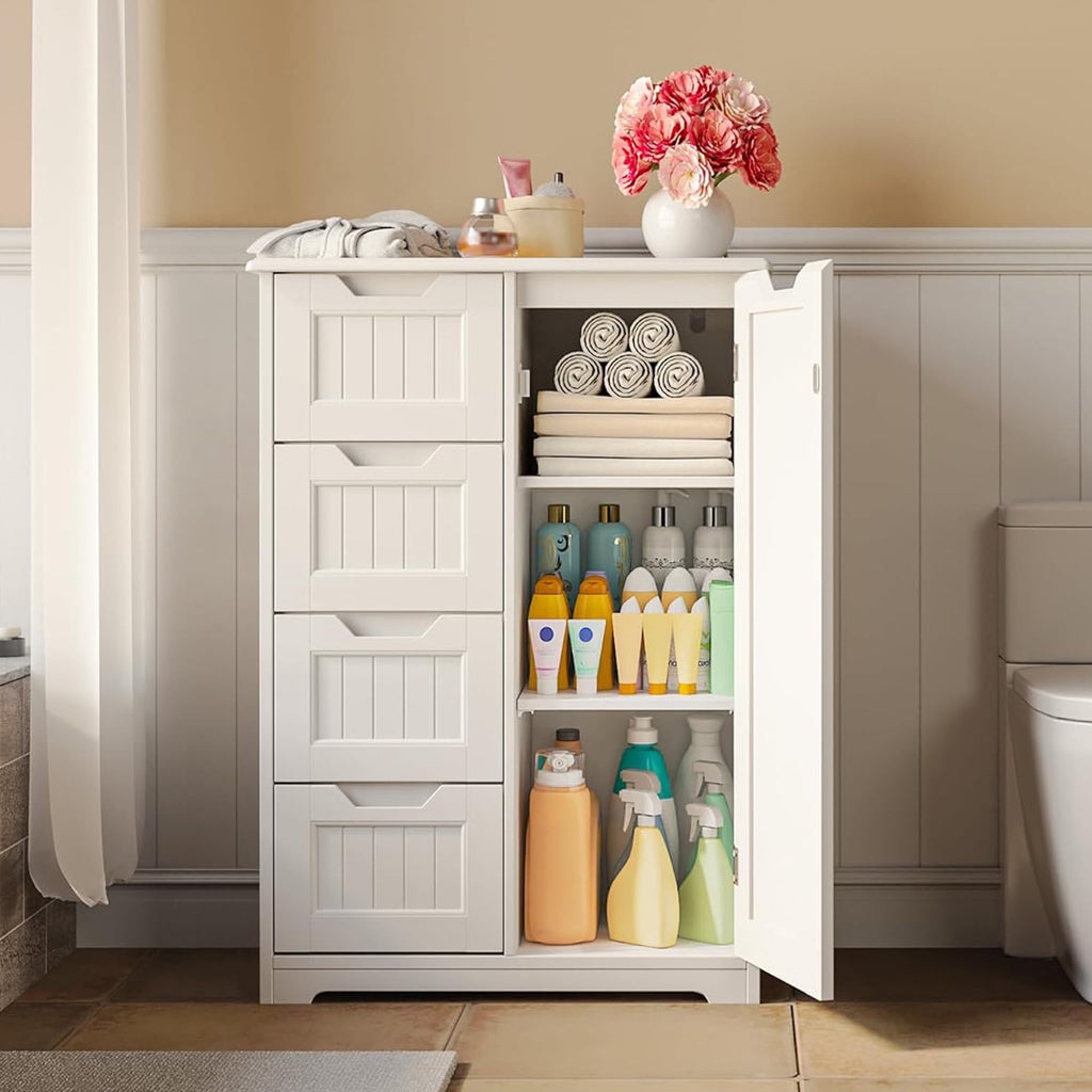 Bathroom Floor Cabinet Wooden Storage Organizer with 4-Drawer & 1 Door, Free-Standing Cupboard for Bathroom Kitchen, ...
