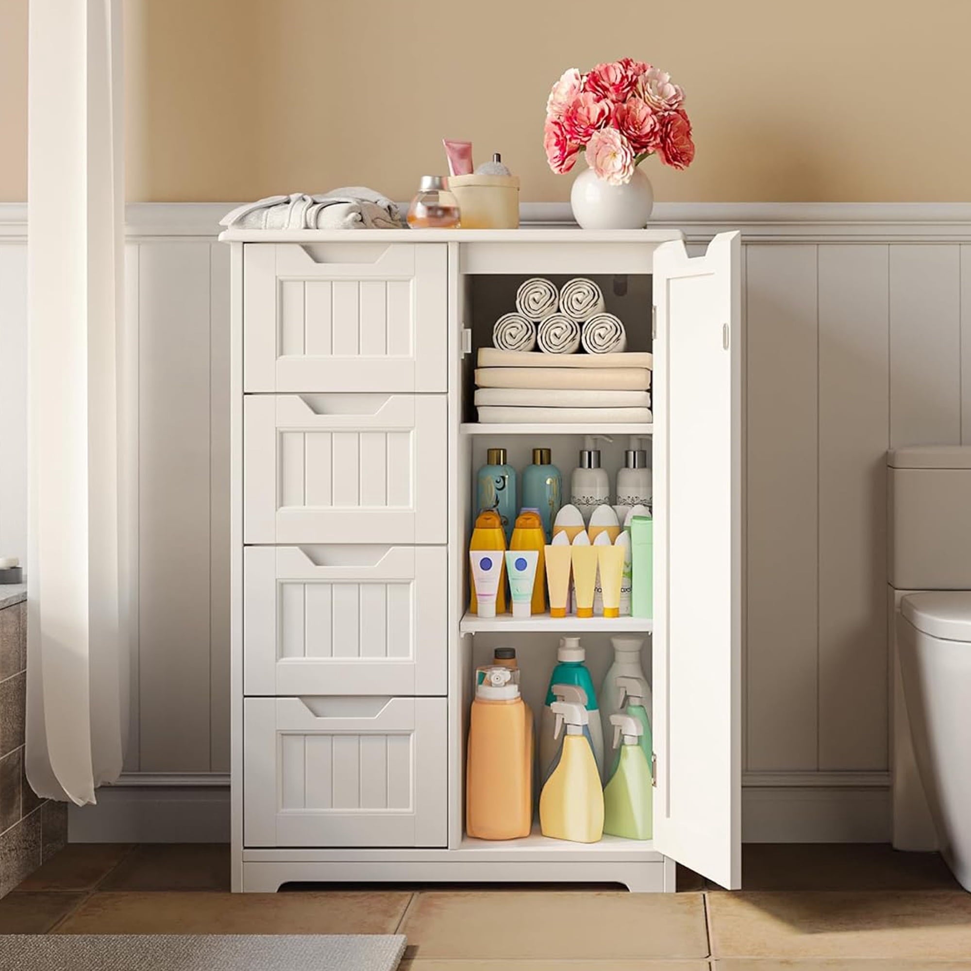 Bathroom Floor Cabinet Wooden Storage Organizer with 4-Drawer & 1 Door, Free-Standing Cupboard for Bathroom Kitchen, ...
