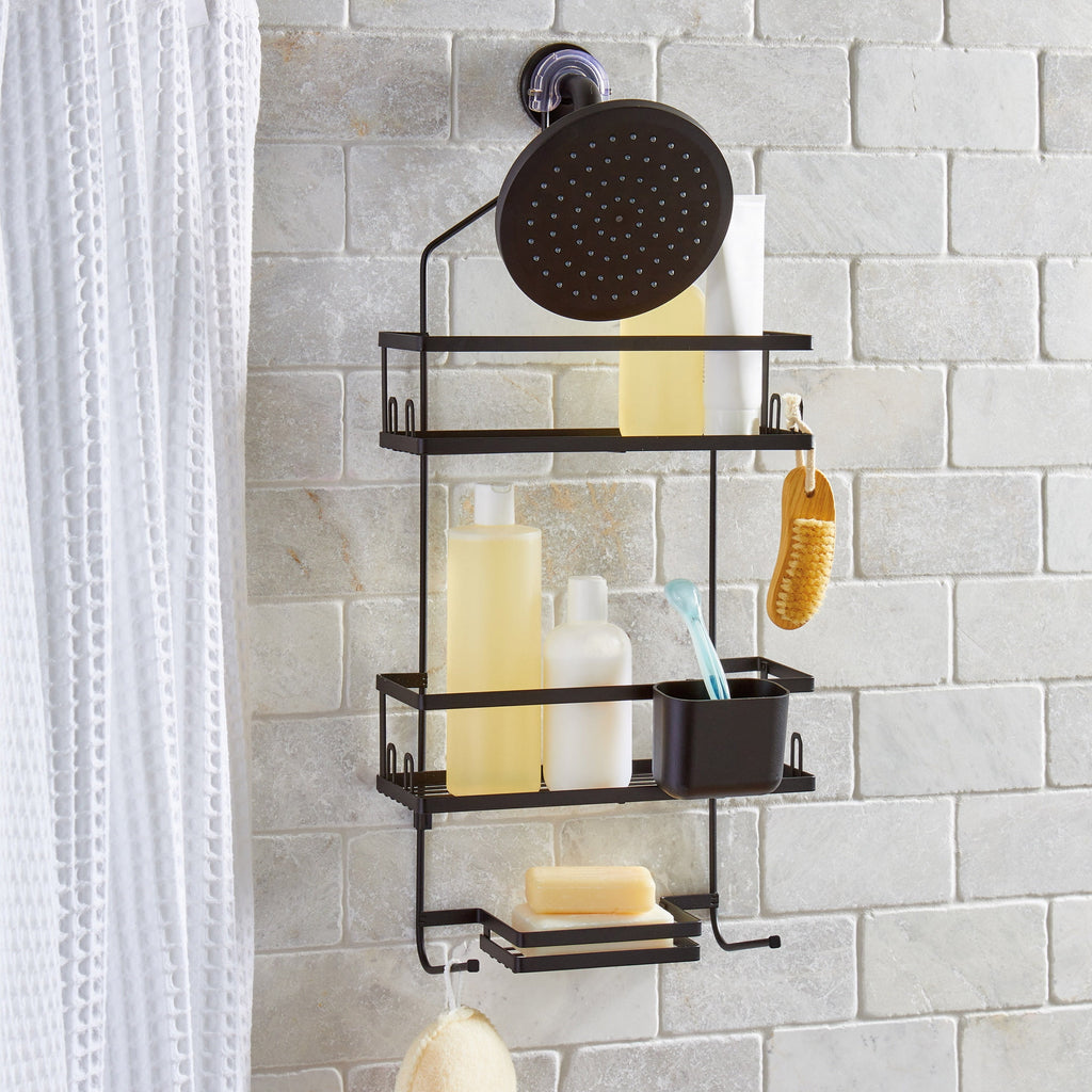 Better Homes & Gardens Matte Black Hanging Shower Caddy with Lock-Top and Soap Tray