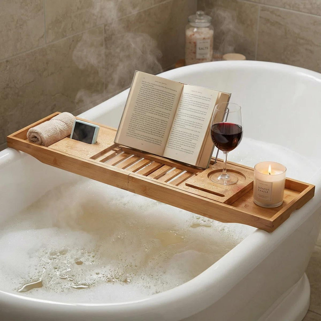 Bathtub Caddy Tray for Tub, Expandable Bamboo Bath Table Shelf with Book and Wine Glass Holder, Bathroom Accessories Gift for Spa, Housewarm