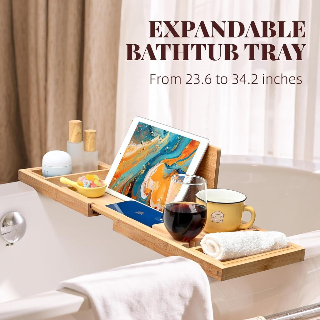 Bamboo Bathtub Tray, Expandable Bath Tray for Tub, Fits Most Bathtub, with Wine and Book Holder and Suport Ipad, Phone Suport, with Non-Slip