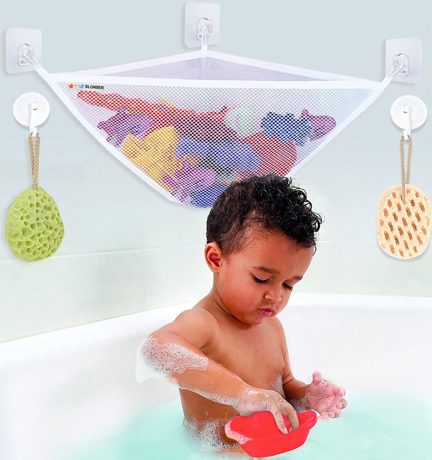 Bath Toy Storage for Tub, Corner Bathtub Toy Holder Organizer by Sherry, Large Bath Net for Tub Toys, Baby Bathroom Shower Caddy Hanging Bas