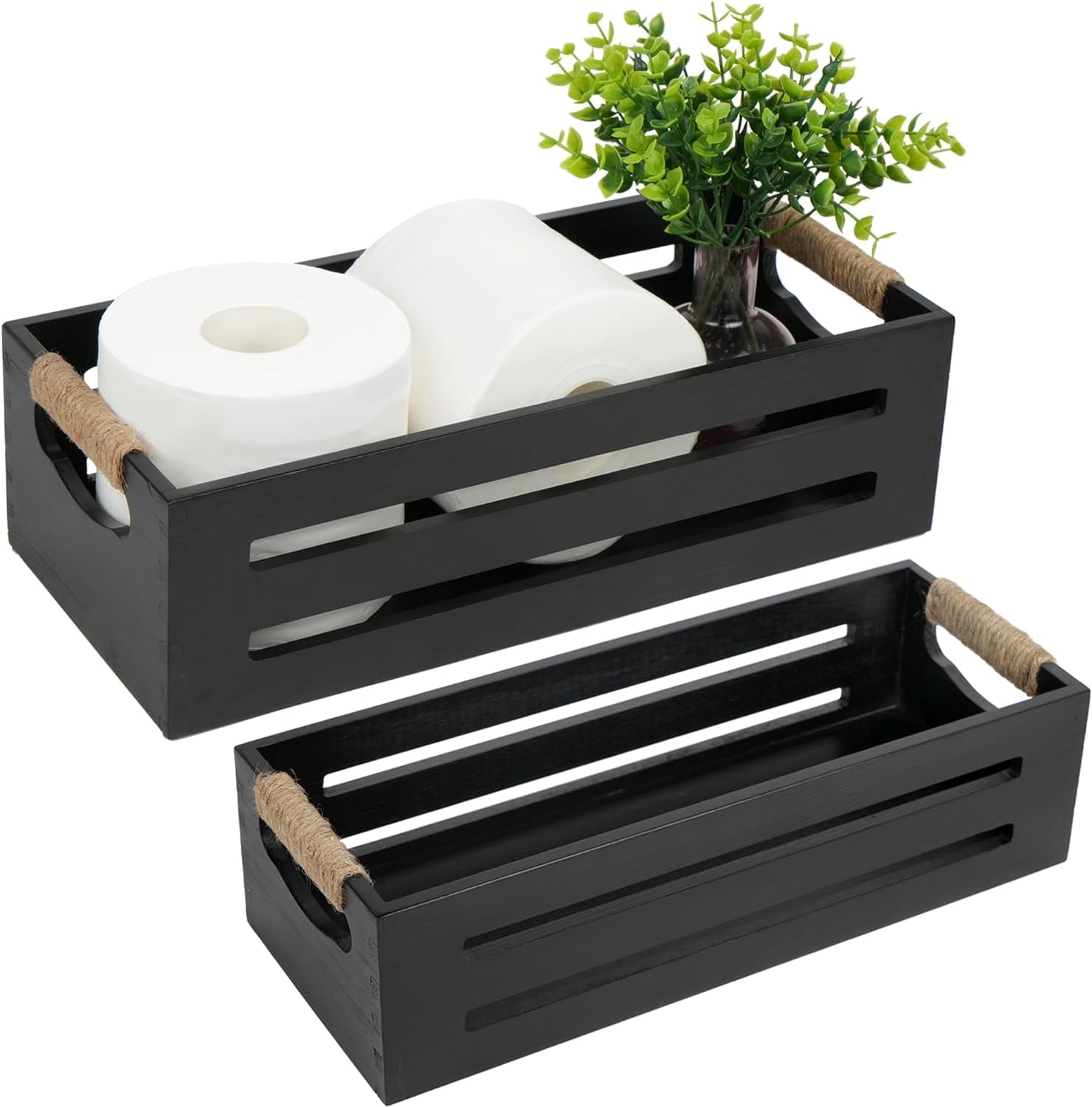 Bathroom Decor Box, 2 Pack Toilet Tank Topper Basket, Wooden Bathroom Basket, Back of Toilet Storage Basket, Black Fa...