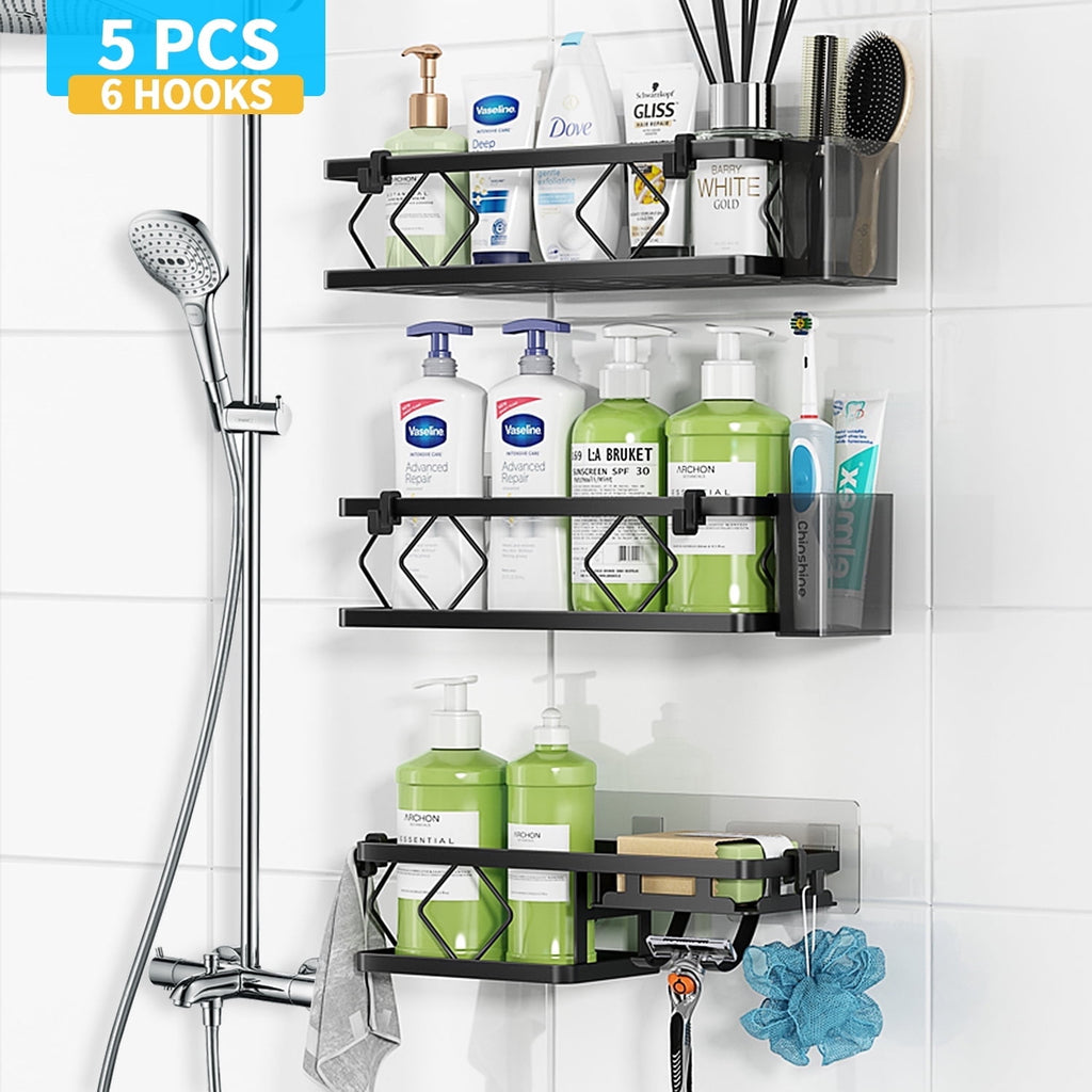 3-Tier with 6 Removable Hooks & 2 Toothbrush Holders, 304 Stainless Steel, No Drilling Bathroom Organize, 5 PCS Black