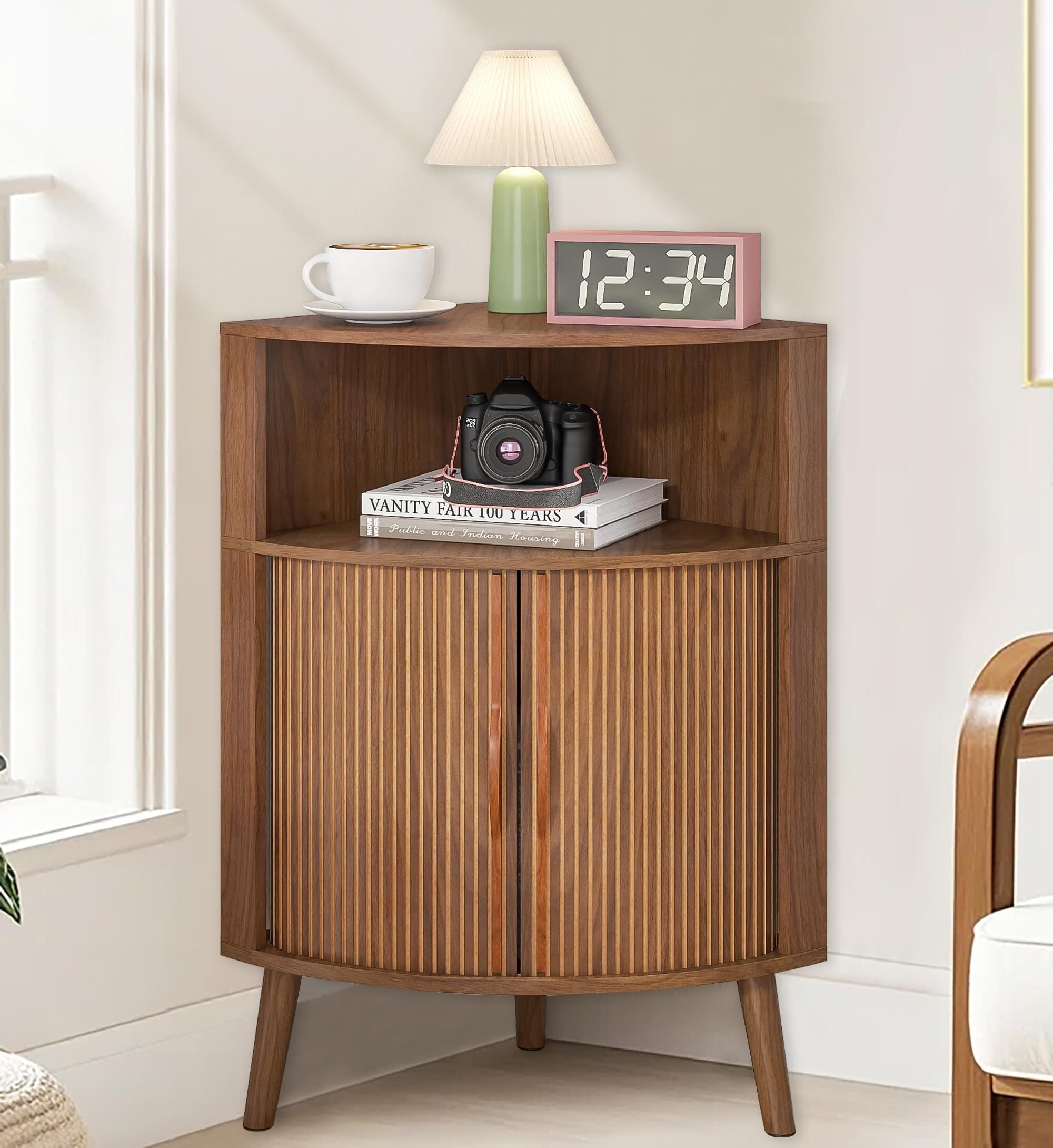 Bathroom Storage Cabinet, 31.5" Narrow Floor Corner Storage Cabinet with Fluted Doors & Shelves, Walnut