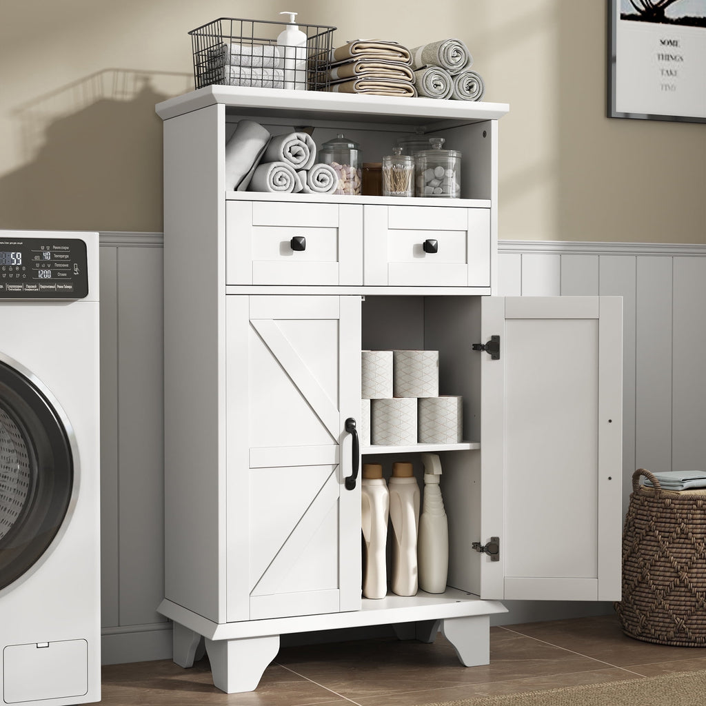 Bathroom Storage Cabinet with Doors and Drawers,Farmhouse White Bathroom Floor Cabinet freestanding with Adjustable S...