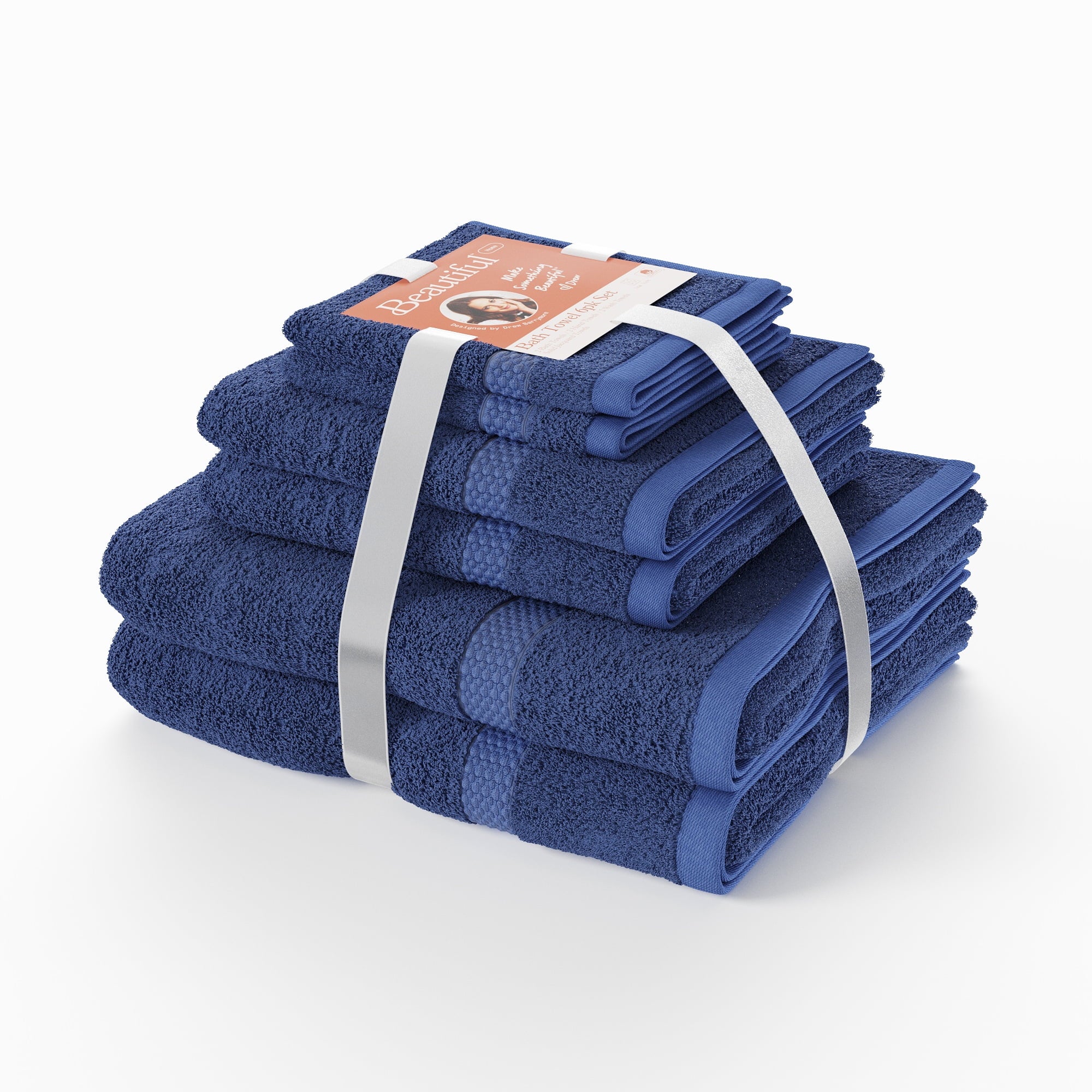 Beautiful by Drew Barrymore 6-Piece Dobby Bath Towel Set, Soft 100% Cotton, Smokey Blue