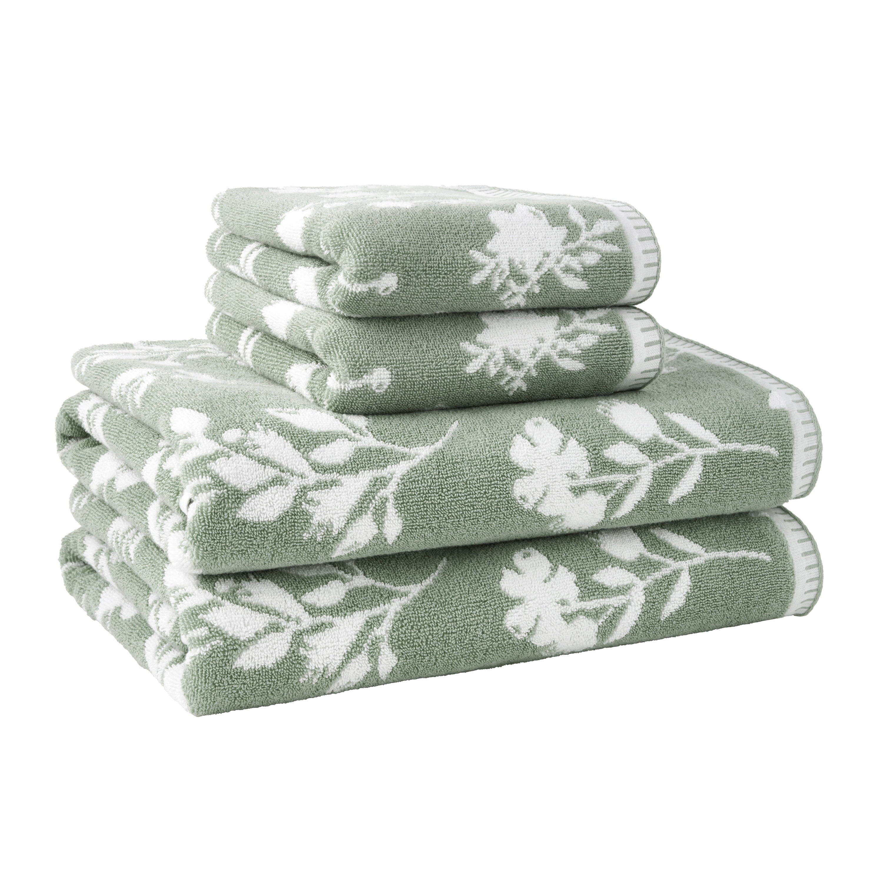 4-Piece Floral Bath Towel Set, 100% Cotton, Sage Green