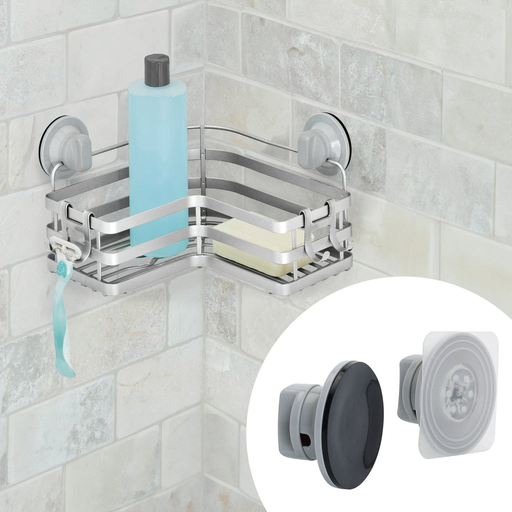 Adhesive or Suction Mount L-Shape Steel Shower Storage Basket, Satin Nickel