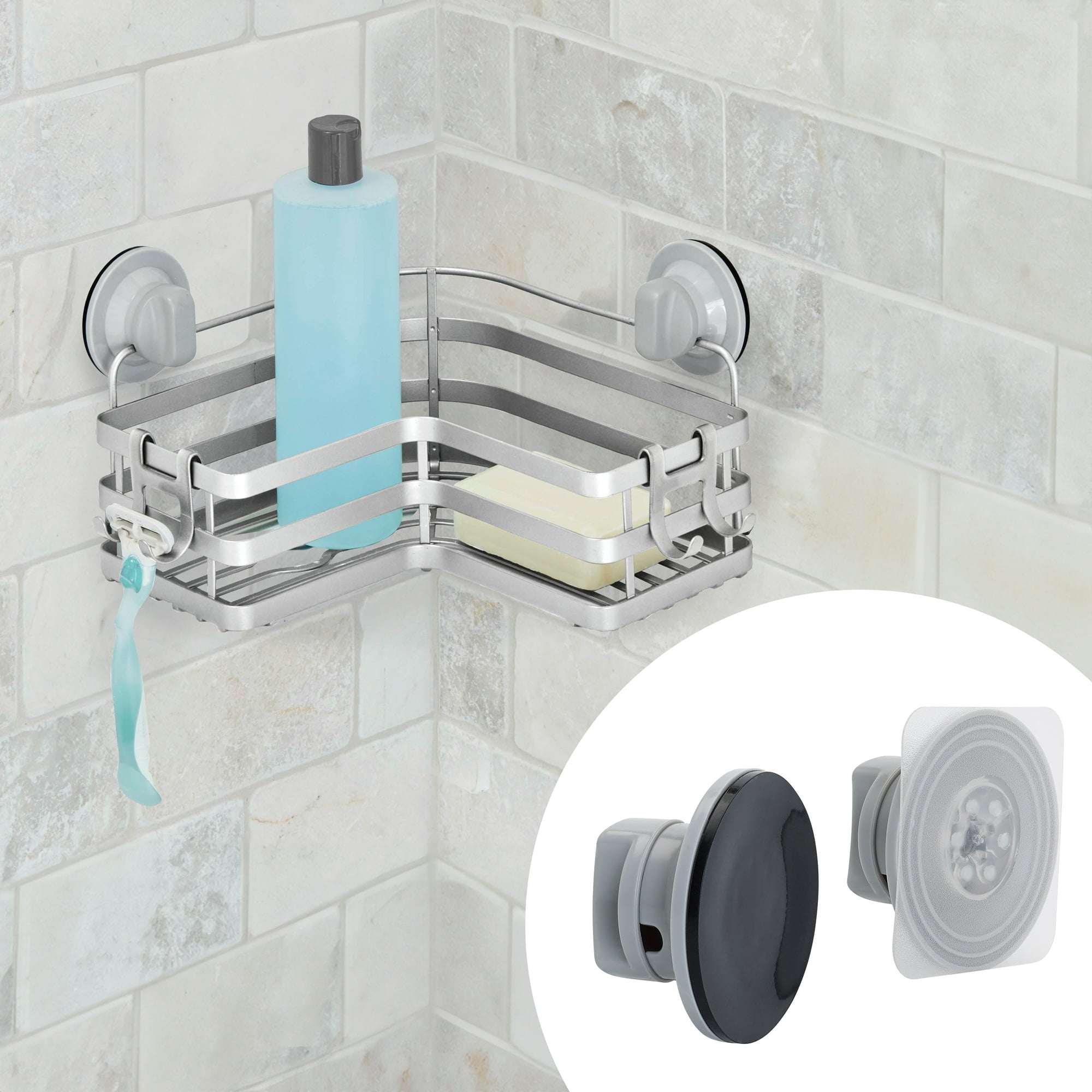 Adhesive or Suction Mount L-Shape Steel Shower Storage Basket, Satin Nickel