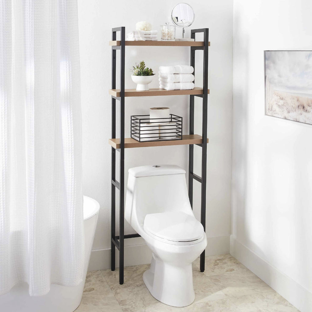Jace 3-Shelf over-the-Toilet Rack with Black Frame and Oak Shelves