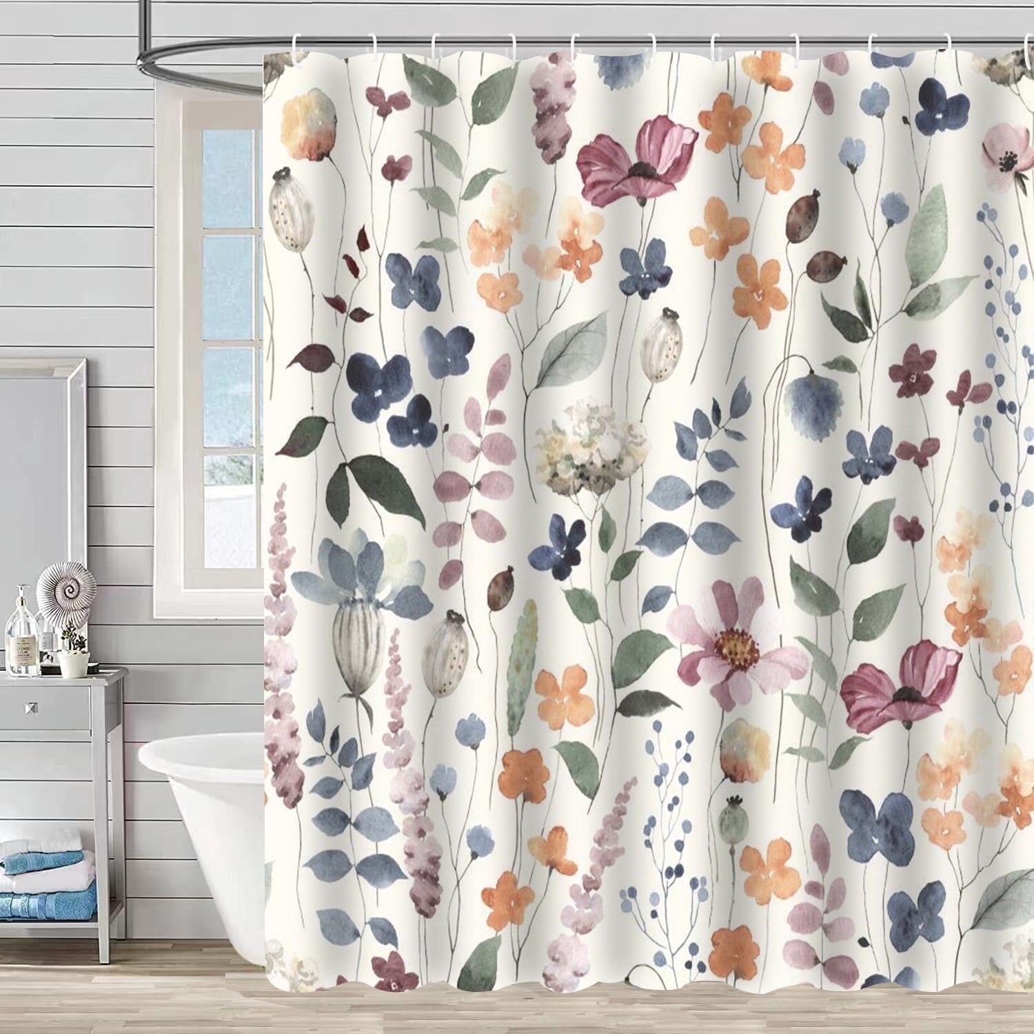 Fabric Shower Curtain, Bathroom Shower Curtain Sets, Colorful Flower Shower Curtain with 12 Hooks , 72” x 72”
