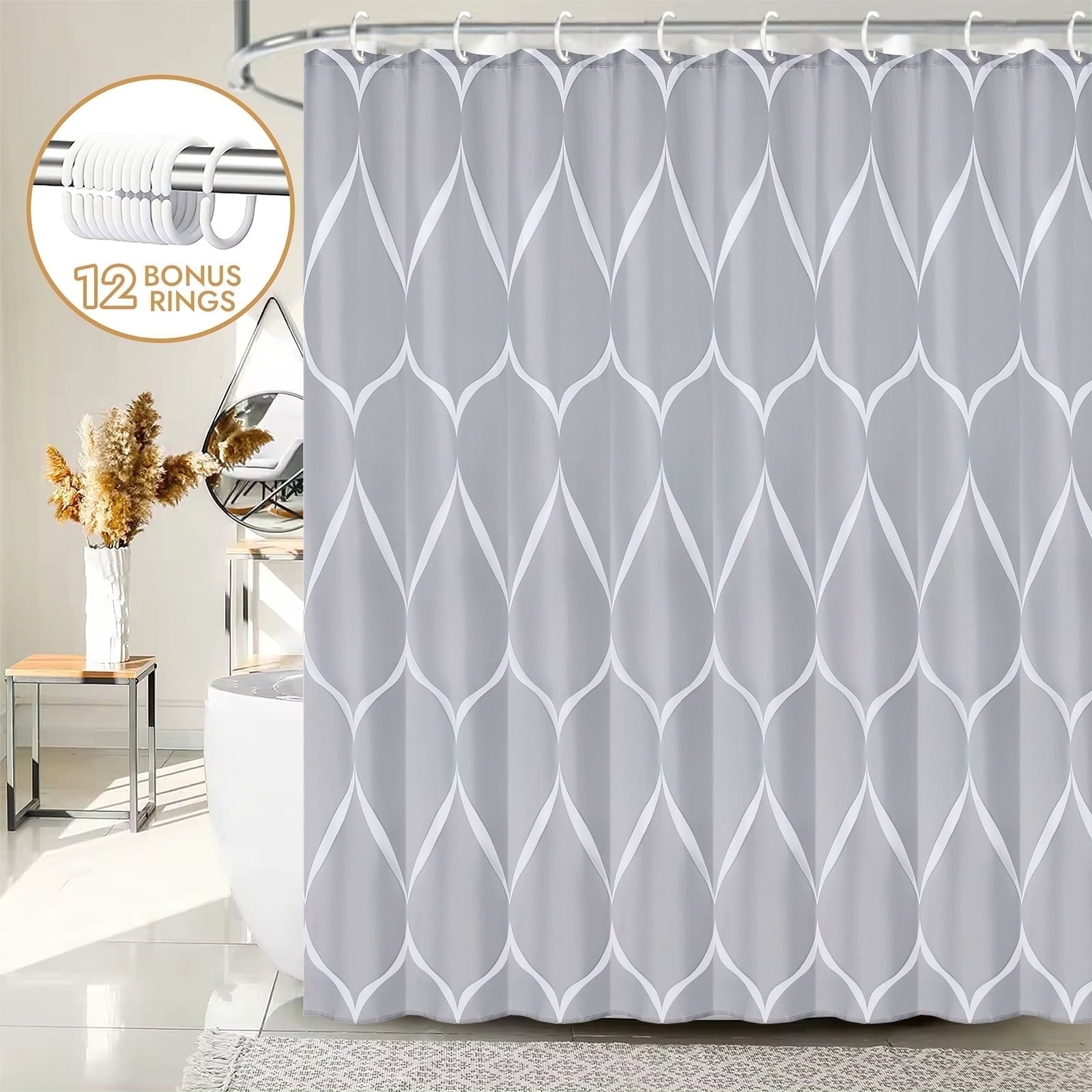 Shower Curtain with 12 Hooks, Gray Fabric Bathroom Curtain Set, Weighted Hem, Mildew Resistant, 72" x 72"