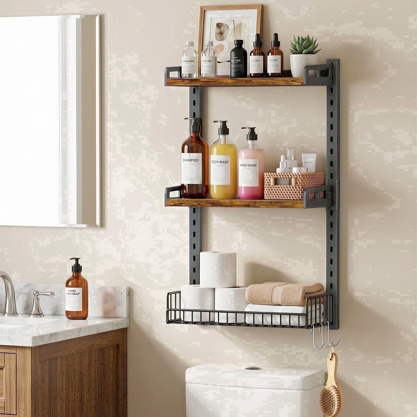 Biemlerfn 3-Tier Wall Mounted Storage Organizer Shelf, Space-Saving & Height-Adjustable Over The Toilet Storage Rack for Bathroom, Kitchen,