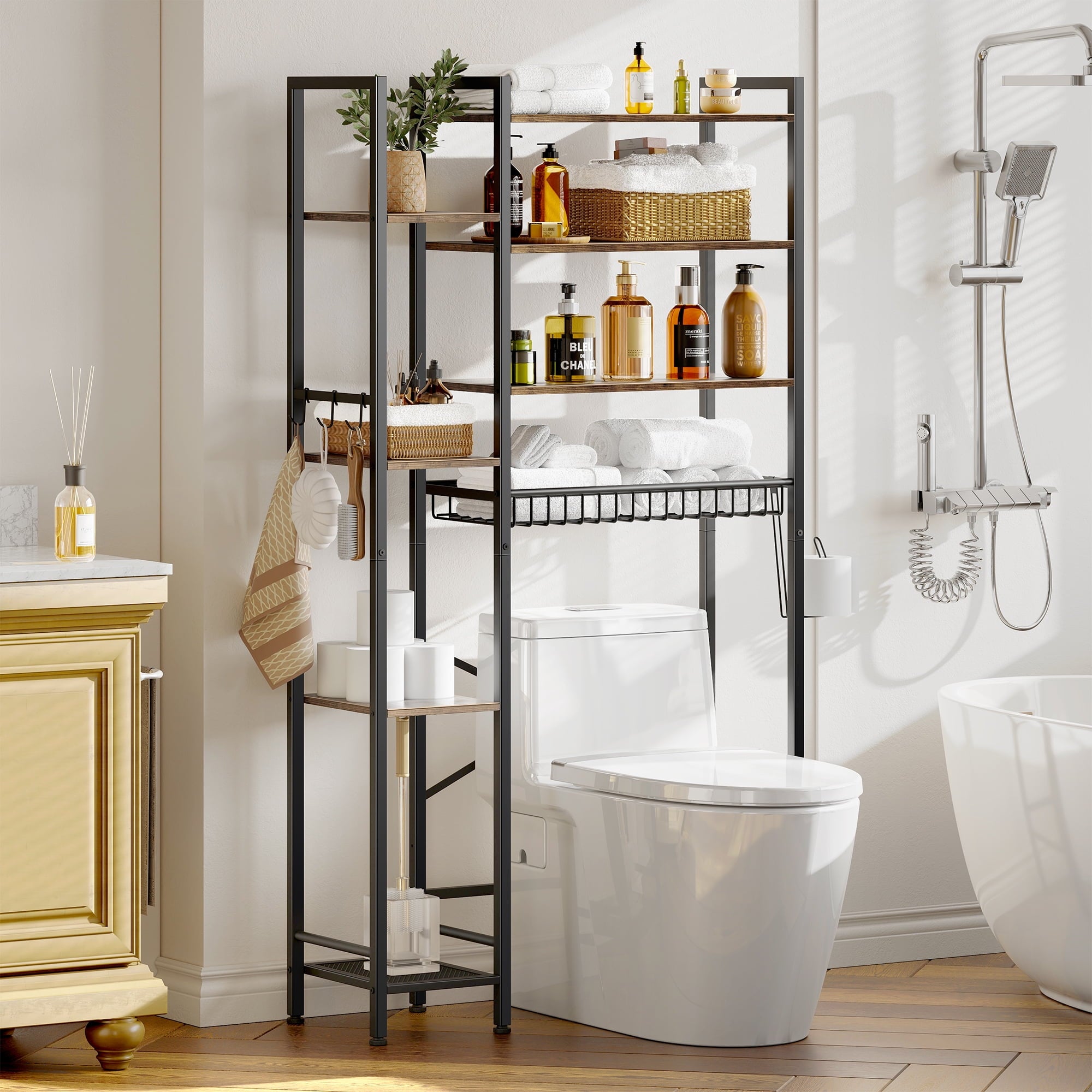 Biemlerfn 8-Tier Over the Toilet Rack, Bathroom Storage Organizer with Adjustable Shelves, Toilet Paper Holder & Hooks, Brown