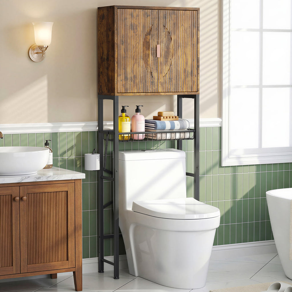 the Toilet Storage Cabinet, Bathroom Storage Organizer with Adjustable Shelf, Toilet Paper Holder & Hooks, Freestandi...