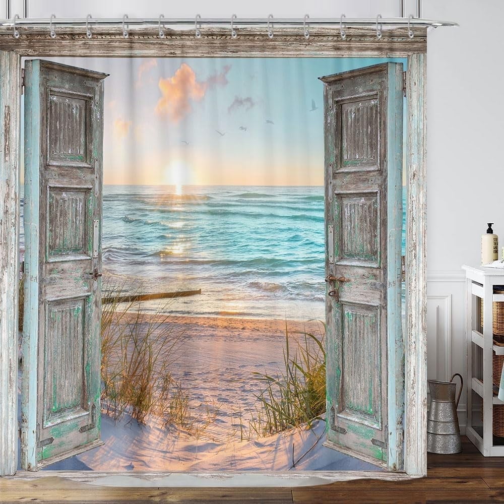 Shower Curtain, Teal Ocean Sunrise Seaside Seascape Nautical y Shower Curtain Set, Rustic Barn Door Seashore Fabric S...