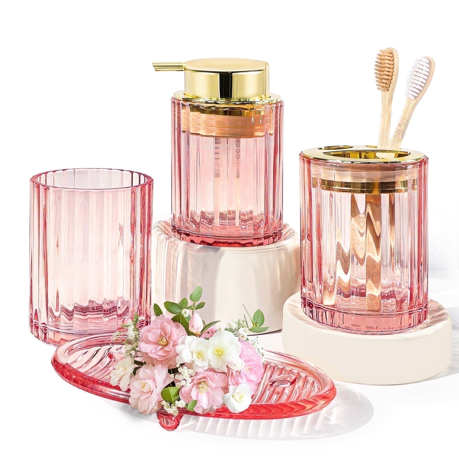 Bathroom Accessories Set, 4 Pcs Glass Bathroom Accessories Sets Complete w/Soap Dispenser, Soap Dish ,Toothbrush Hold...