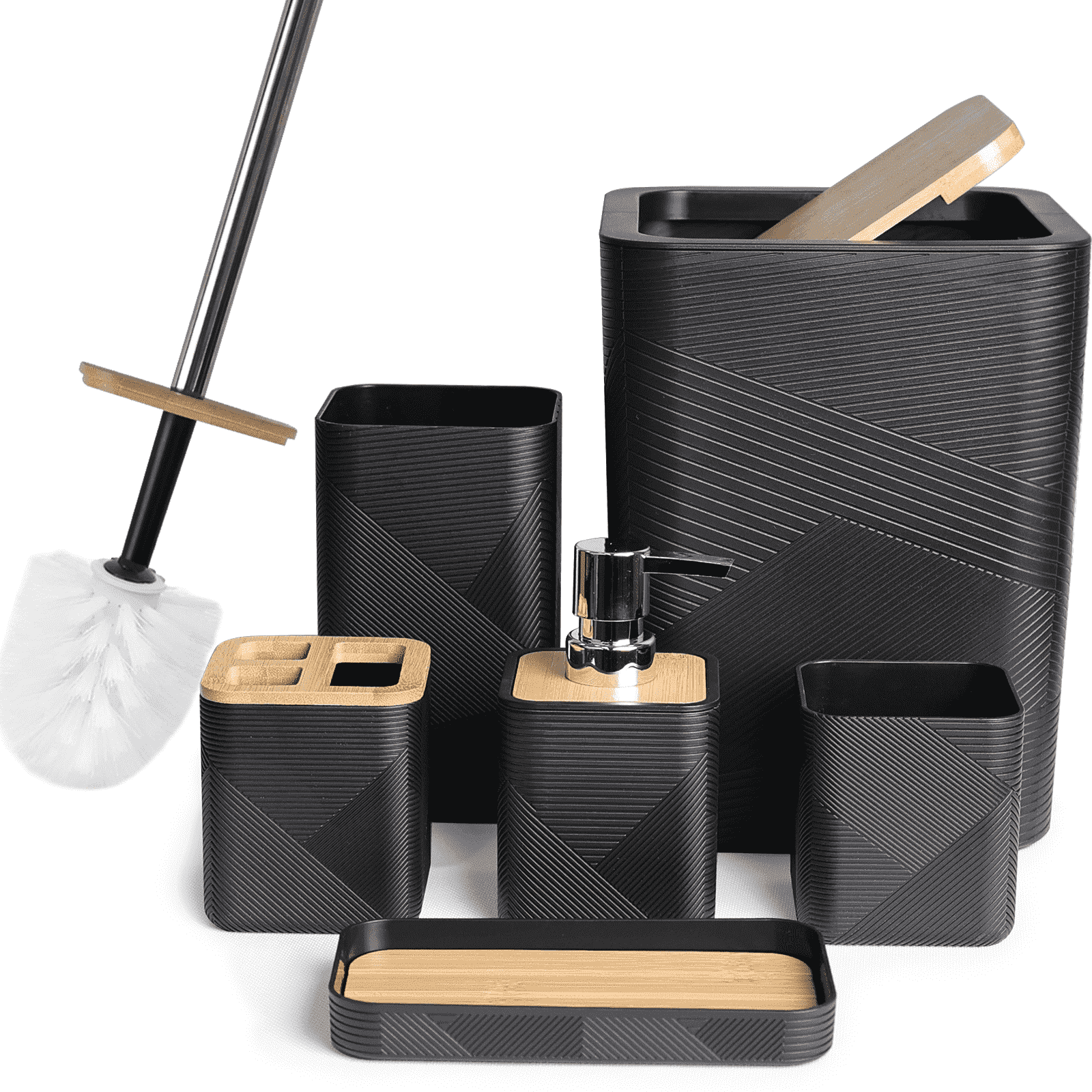 Bathroom Accessories Set 6 Piece Bamboo Bath Ensemble Includes Soap Dispenser, Toothbrush Holder, Toothbrush Cup, Soa...