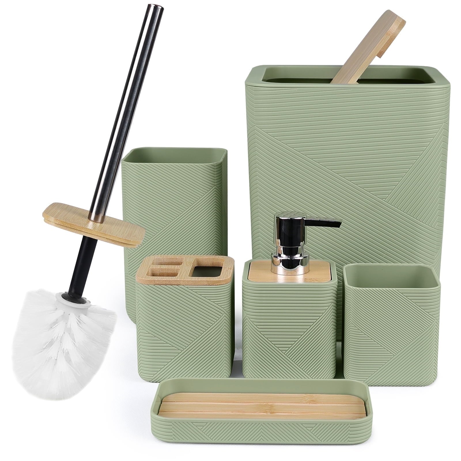 Bathroom Accessories Set 6 Piece Bamboo Bath Ensemble Includes Soap Dispenser, Toothbrush Holder, Toothbrush Cup, Soa...