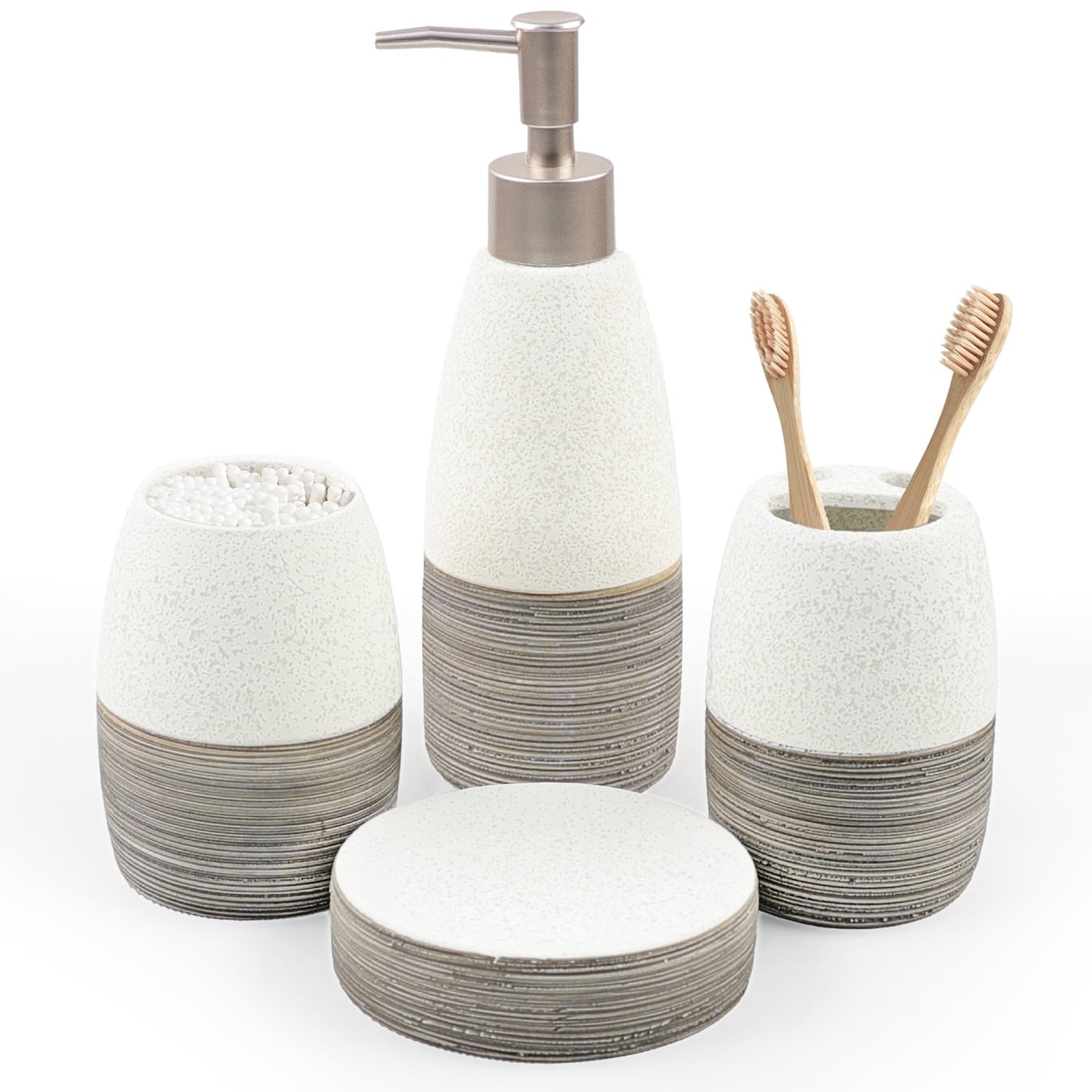 Deluxe Dual Tone White with Clay Bathroom Accessories Set 4 Pcs - Toothbrush Holder, Lotion Soap Dispenser, Bathroom ...