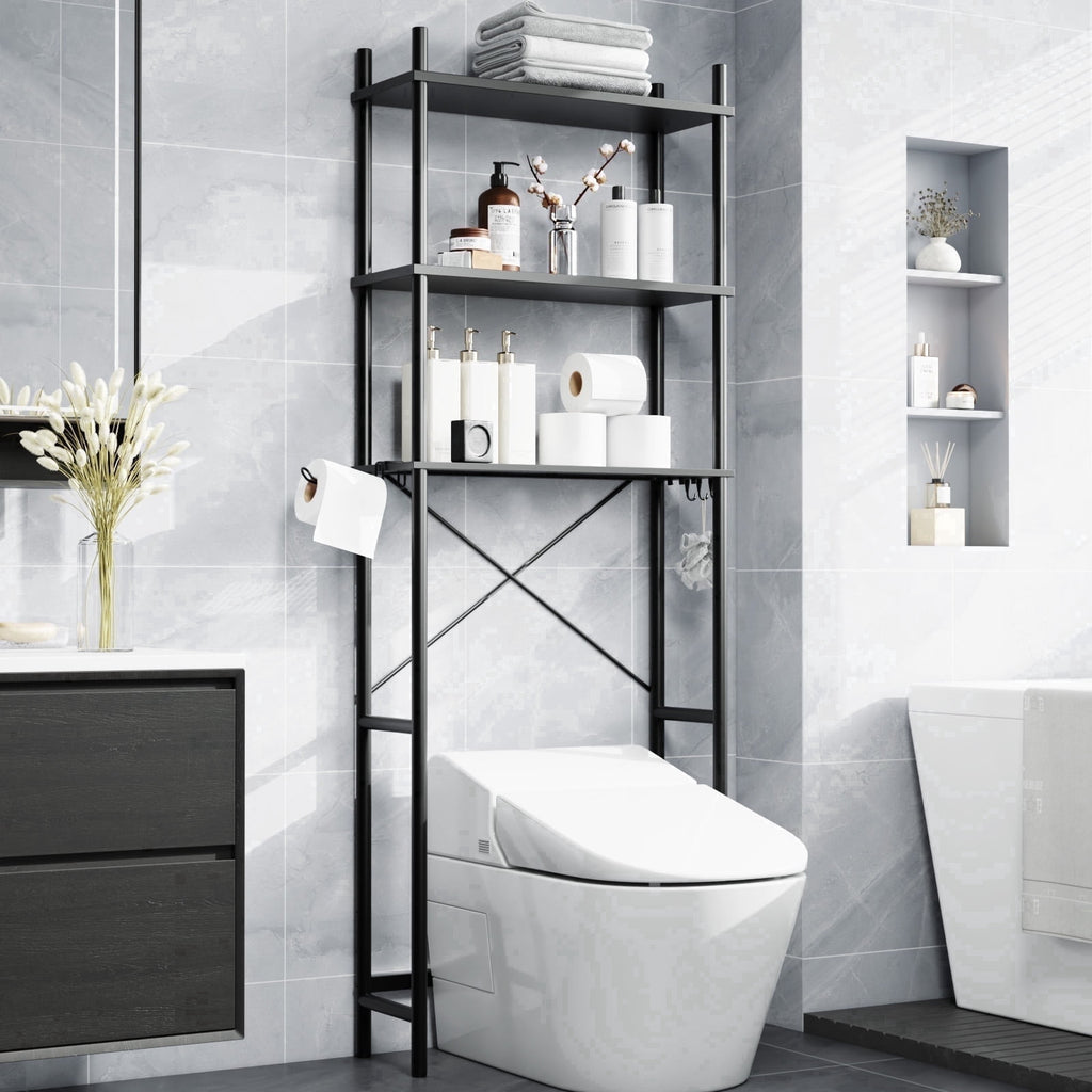 3-Shelf the Toilet Storage, Freestanding Wooden Bathroom Organizers and Storage Shelf, Metal Frame, Space Saver, Black