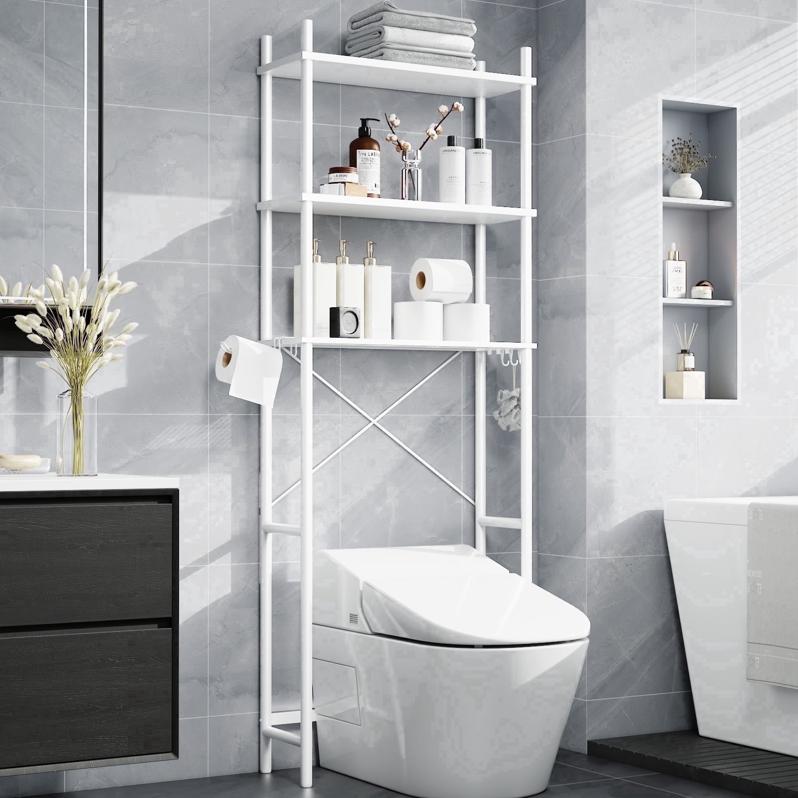 3-Shelf the Toilet Storage, Freestanding Metal Bathroom Organizers and Storage Shelf, White