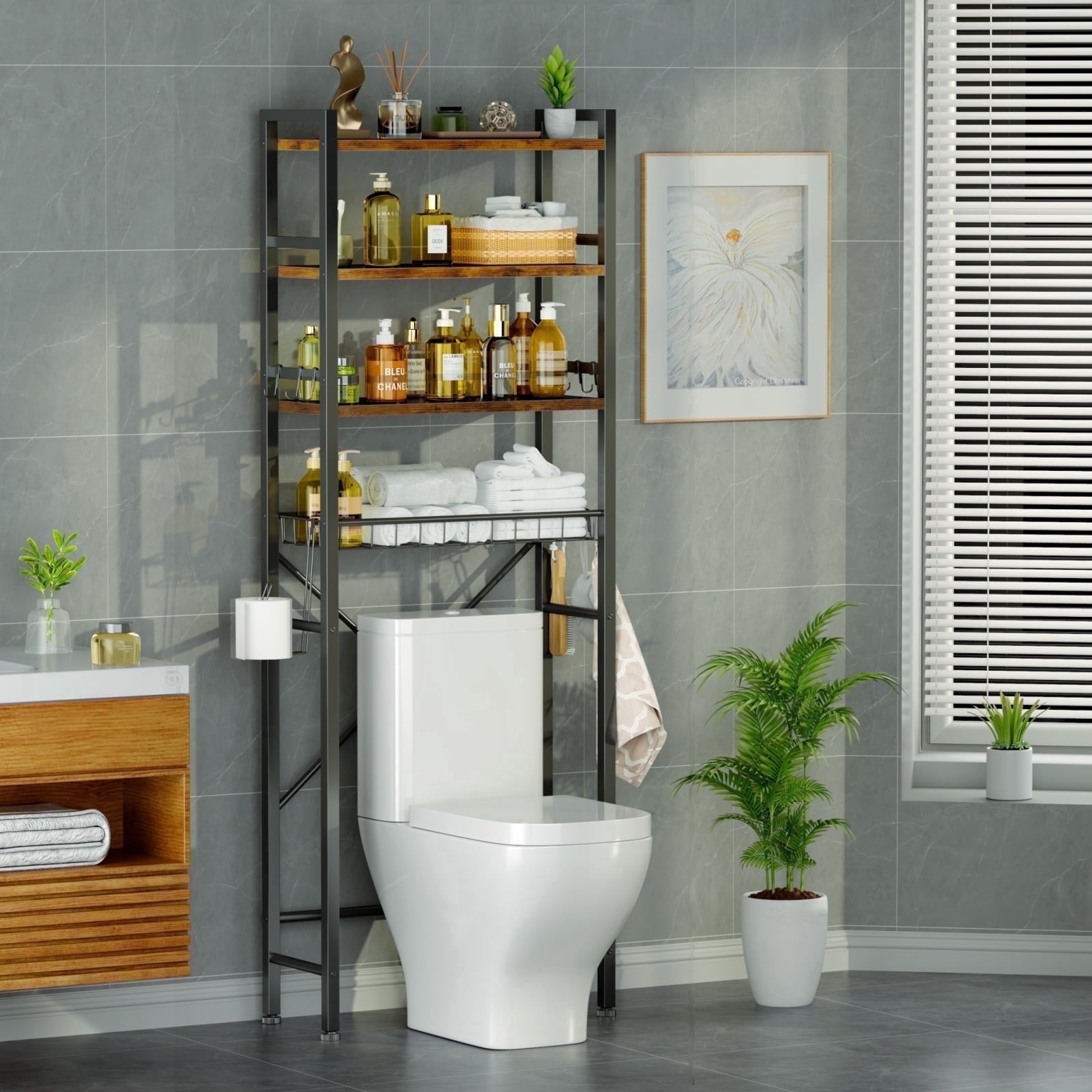 The Toilet Storage Shelf, 4-Tier Freestanding Bathroom Organizers and Storage, above Toilet Space Saver Rack with Adj...
