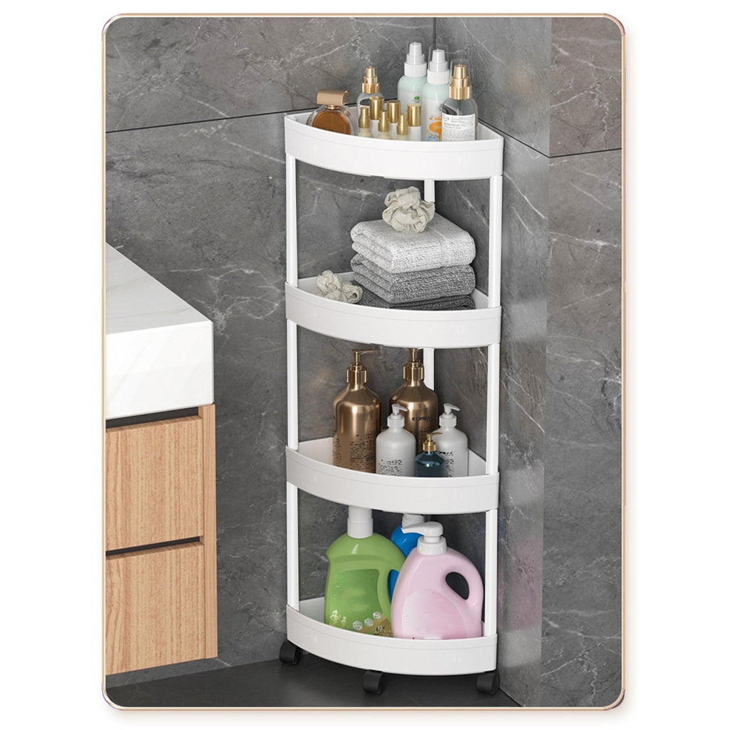Bathroom Corner Storage Shelf, 4-Tier Organizer with Detachable Rolling Wheels & Drainage Holes, Sturdy Plastic & Sta...