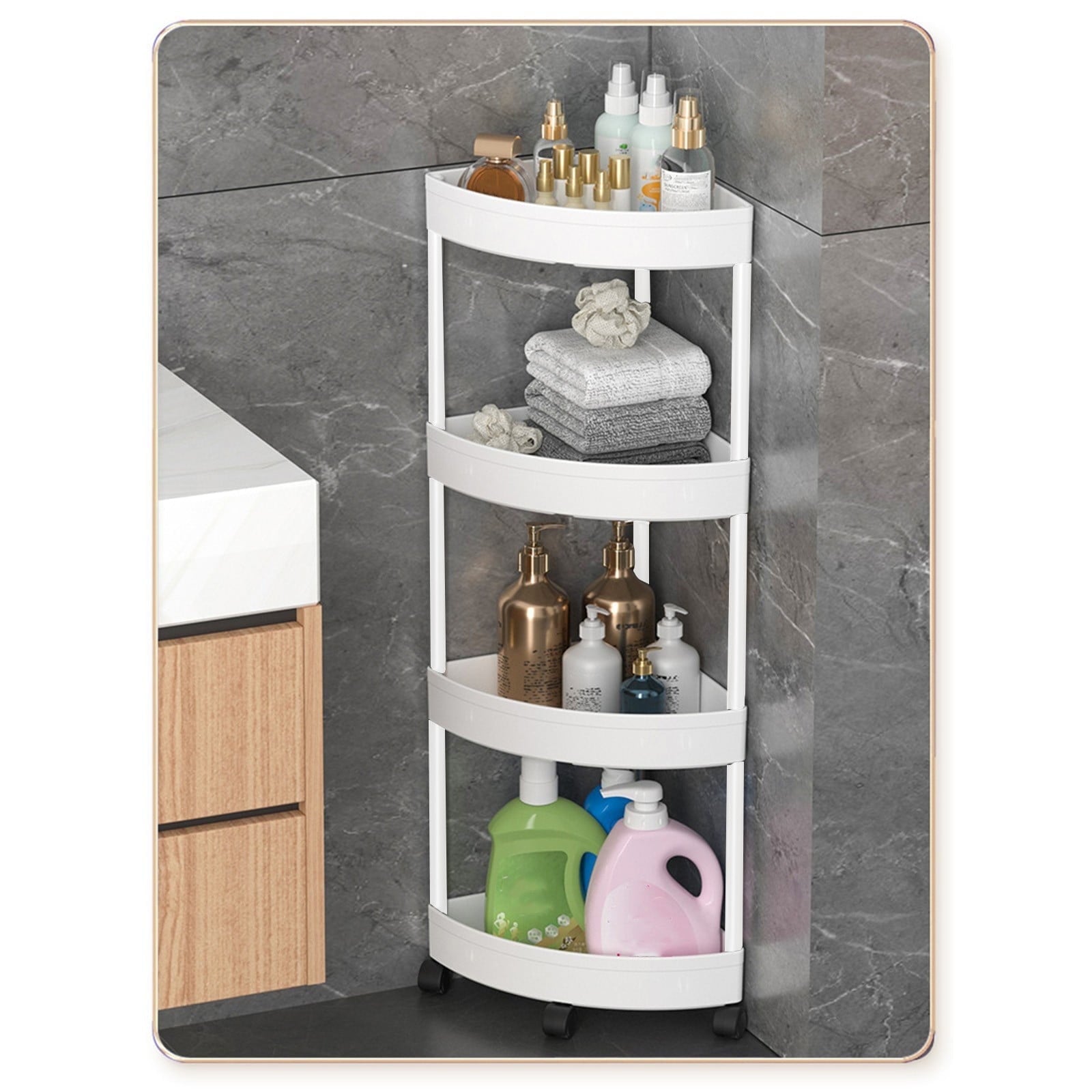 Bathroom Corner Storage Shelf, 4-Tier Organizer with Detachable Rolling Wheels & Drainage Holes, Sturdy Plastic & Sta...