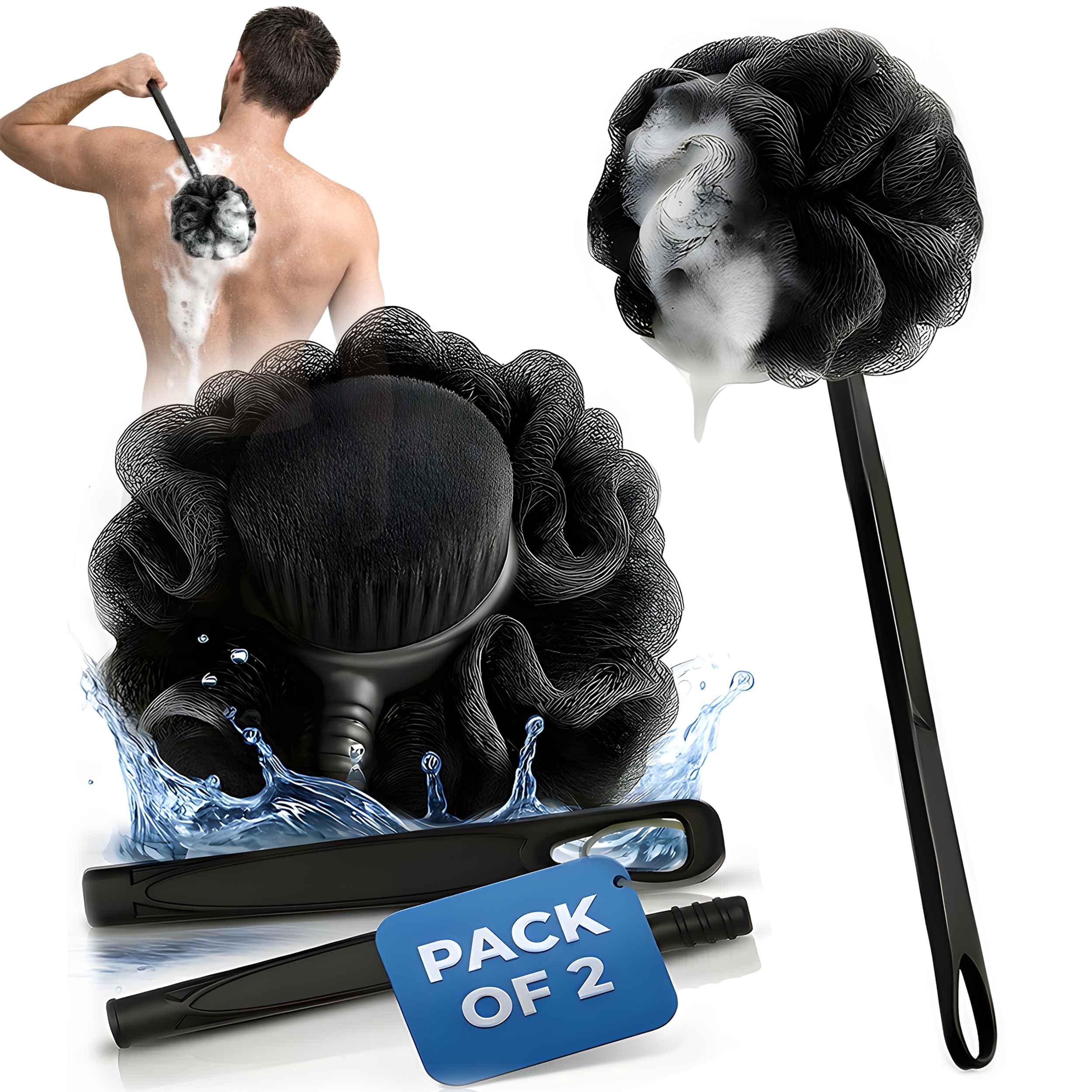 with Handle & Shower Brush, 2 Pack Charcoal Back Scrubber for Shower, Long Handle Exfoliating Body Brush Bath for Men...