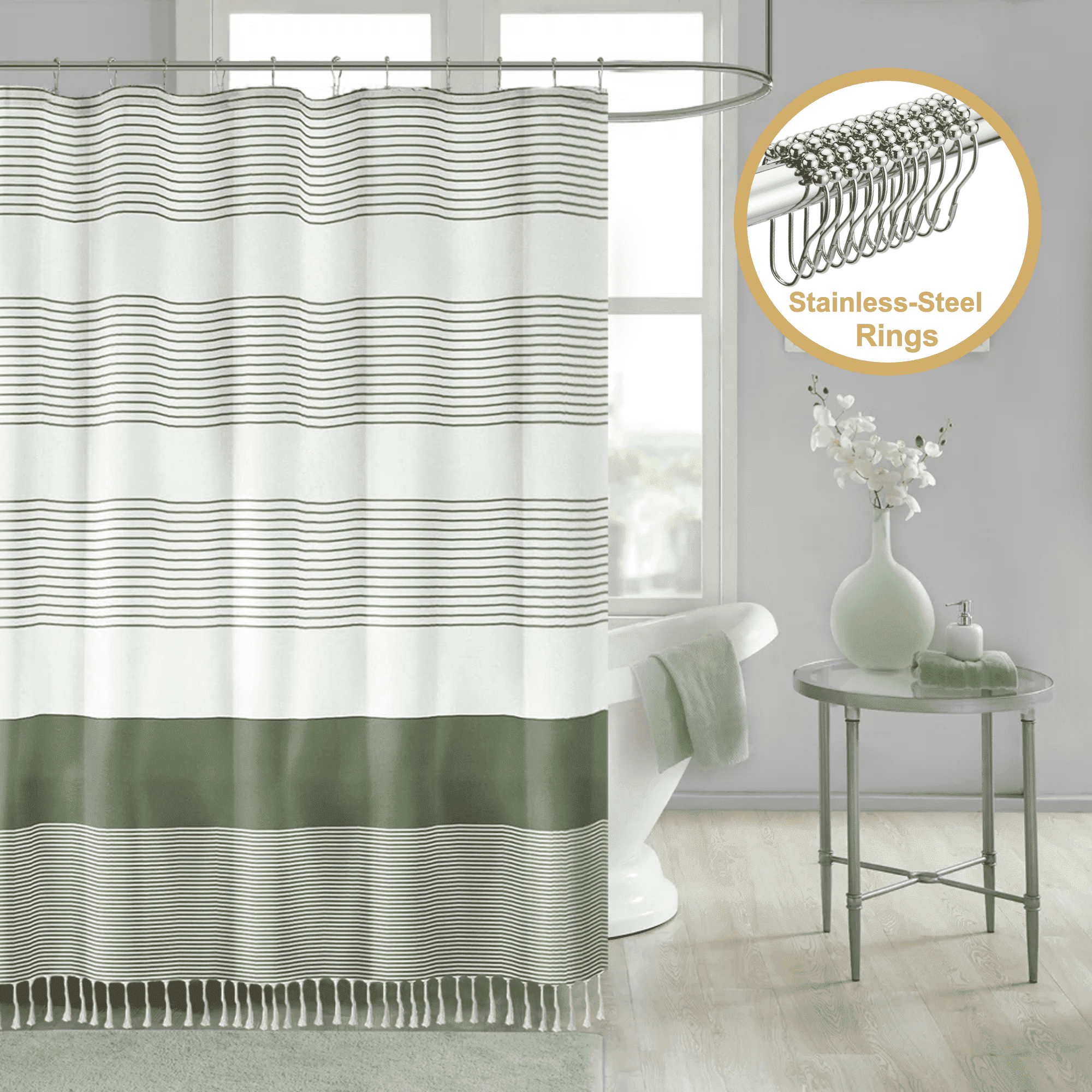 13-Piece Shower Curtain Set with Hooks, Heavy-Duty Slub Fabric, Boho Farmhouse Striped Bathroom Curtain, Water-Repell...