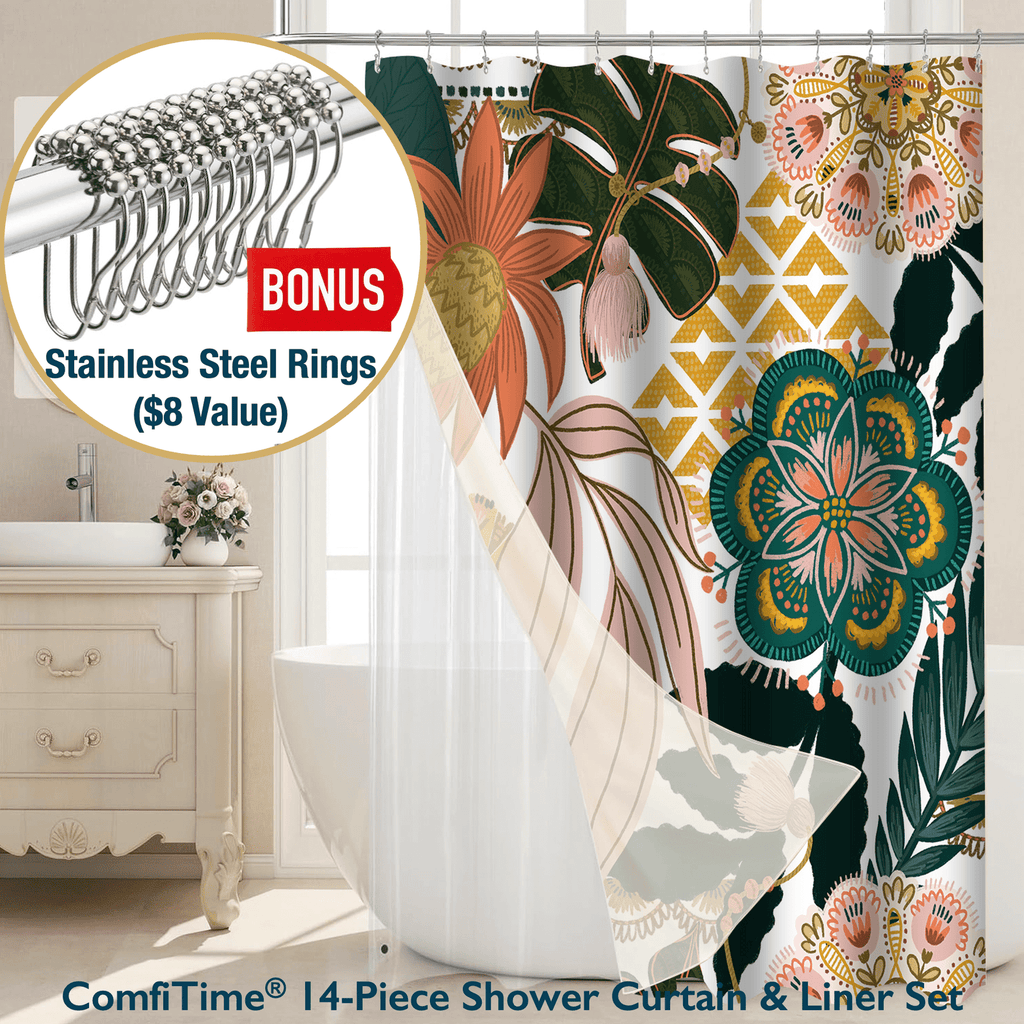 14-Piece Botanical Shower Curtain and Liner Set with 12 Hooks – Water-Repellent, Mold-Resistant, Heavy-Duty Fabric, W...