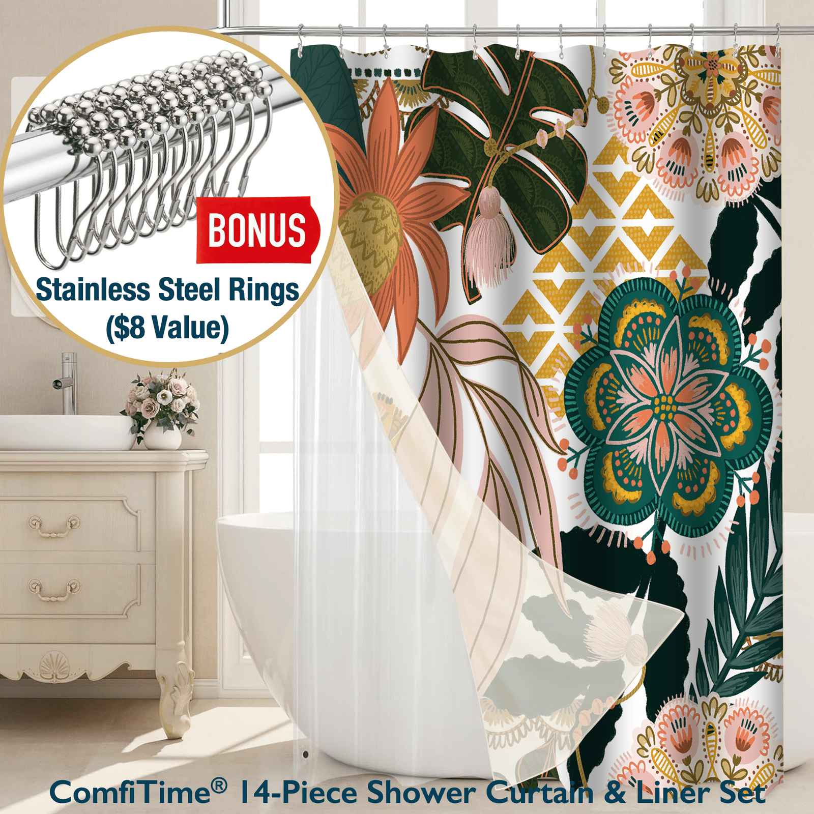 14-Piece Botanical Shower Curtain and Liner Set with 12 Hooks – Water-Repellent, Mold-Resistant, Heavy-Duty Fabric, W...