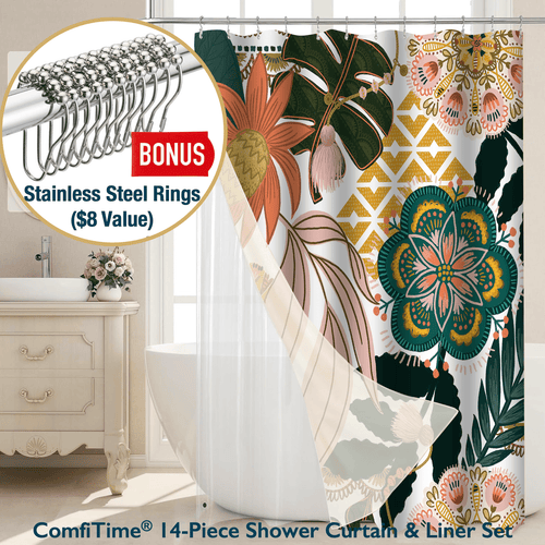 14-Piece Botanical Shower Curtain and Liner Set with 12 Hooks – Water-Repellent, Mold-Resistant, Heavy-Duty Fabric, W...