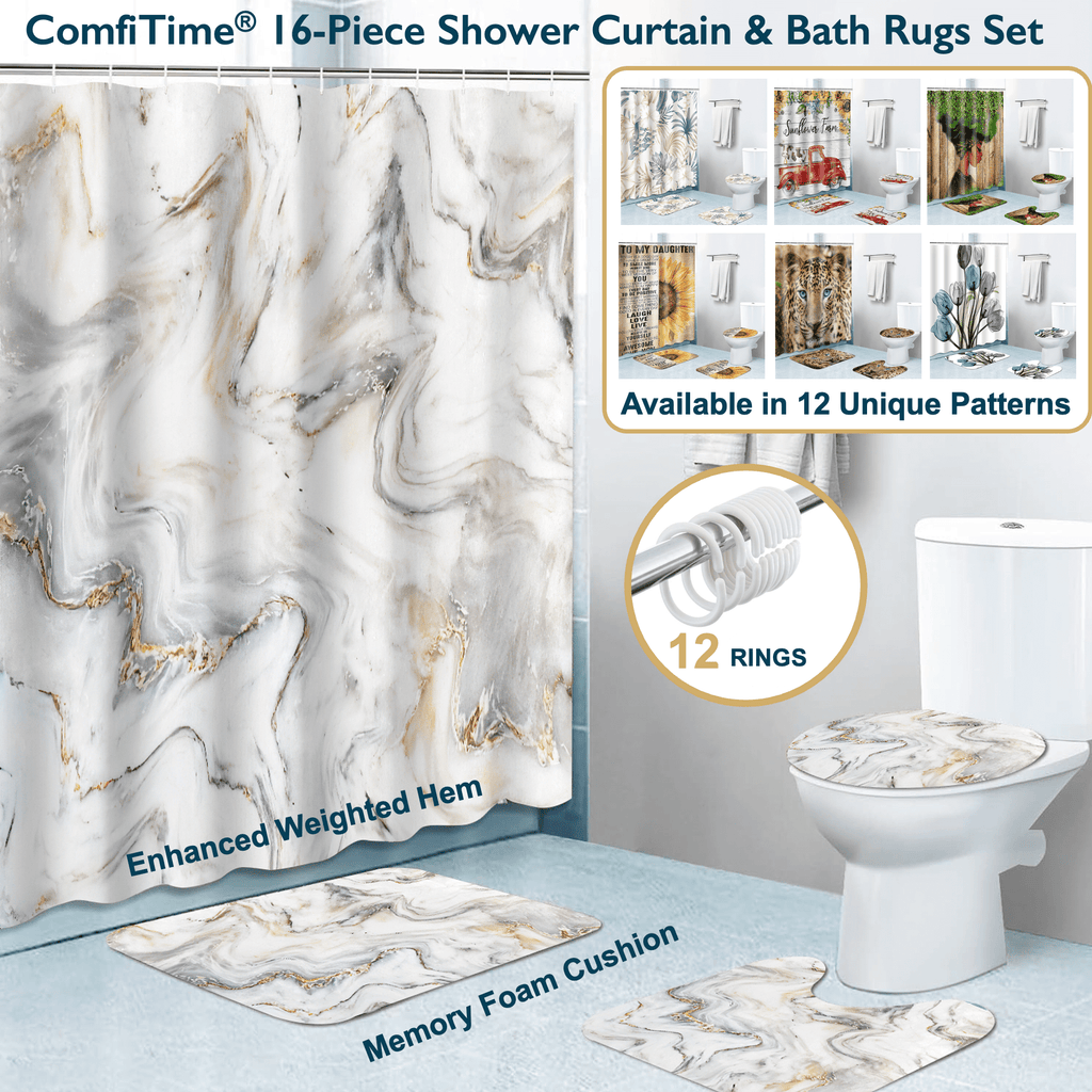 Bathroom Sets with Shower Curtain, Rugs and Hooks - Memory Foam Anti-Slip Washable Bath Mats & Toilet Lid Cover, Fabr...