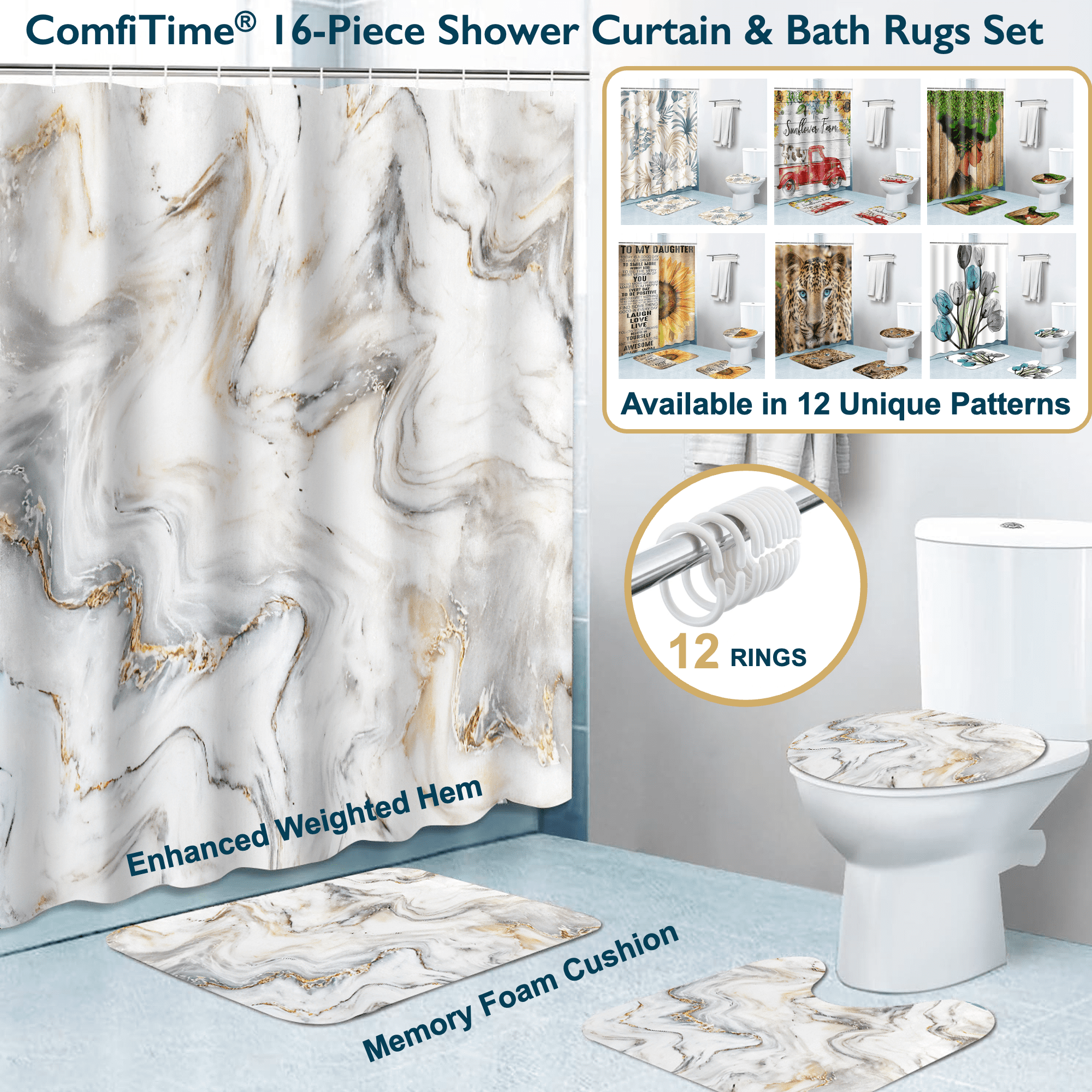 Bathroom Sets with Shower Curtain, Rugs and Hooks - Memory Foam Anti-Slip Washable Bath Mats & Toilet Lid Cover, Fabr...