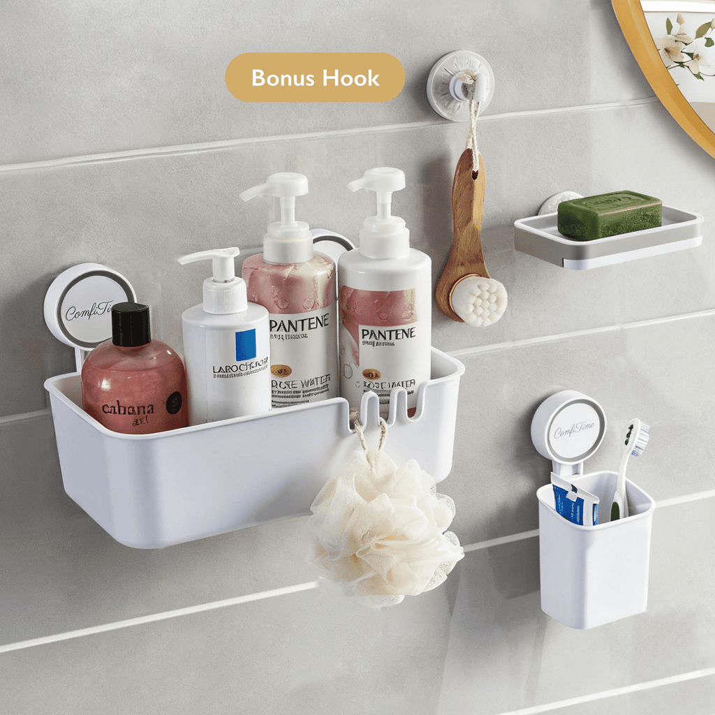 Cup Shower Caddy & Double Soap Holder Set – No-Drill, No-Adhesive, Durable Bathroom Shelf Organizer, Removable Plasti...
