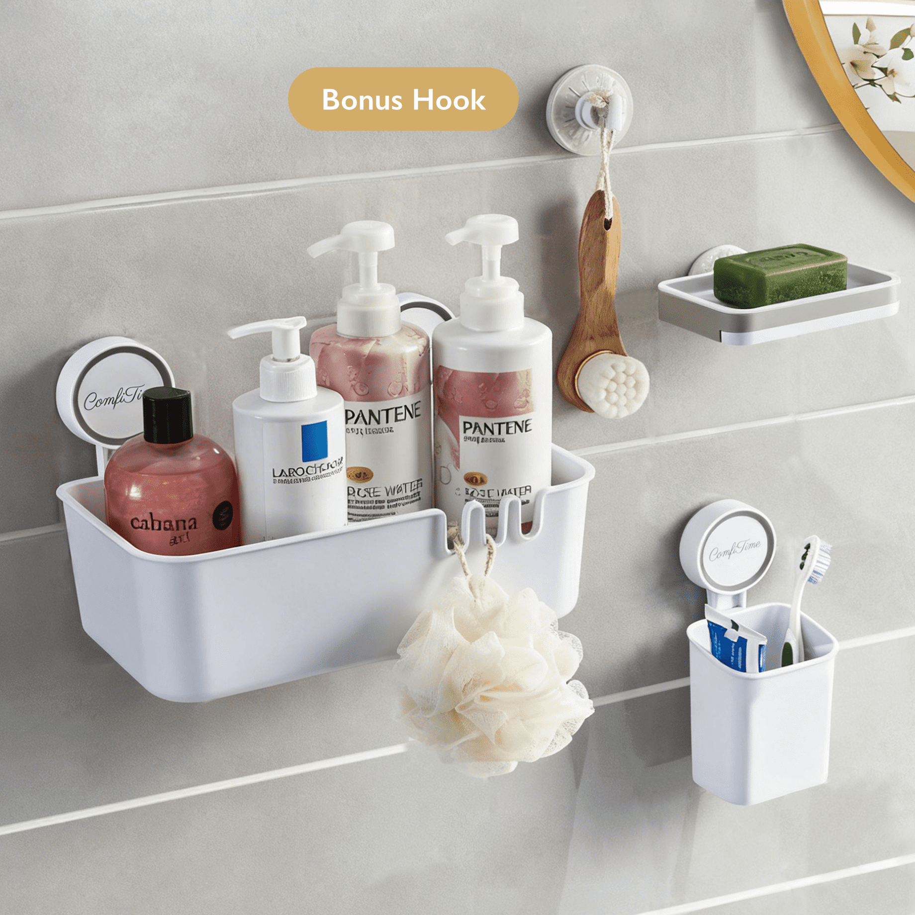 Cup Shower Caddy & Double Soap Holder Set – No-Drill, No-Adhesive, Durable Bathroom Shelf Organizer, Removable Plasti...
