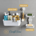 ComfiTime Suction Cup Shower Caddy, Soap Holder & Toothbrush Holder Set – No-Drill/Adhesive, Durable Bathroom Shelf Organizer, Removable Pla