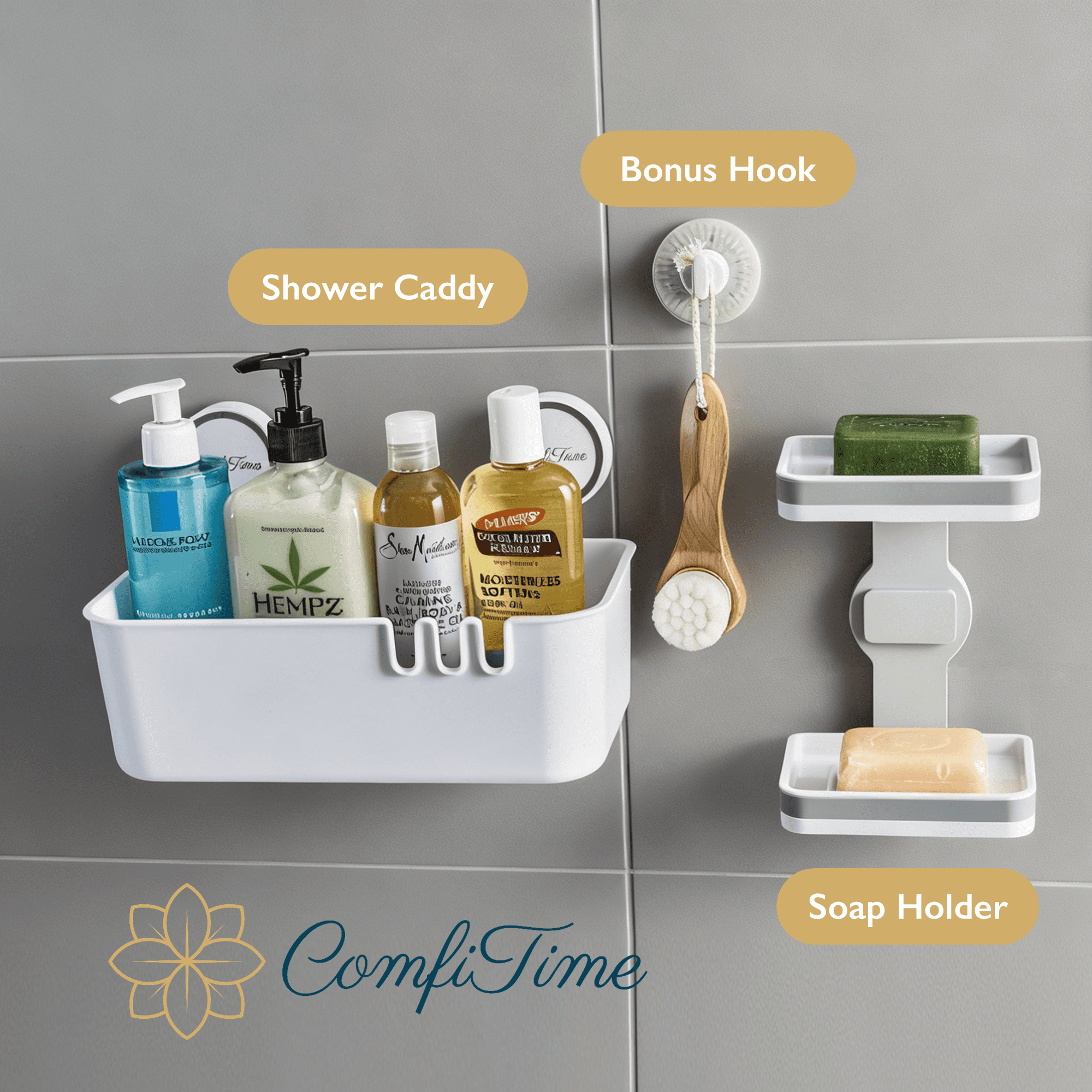 ComfiTime Suction Cup Shower Caddy, Soap Holder & Toothbrush Holder Set – No-Drill/Adhesive, Durable Bathroom Shelf Organizer, Removable Pla