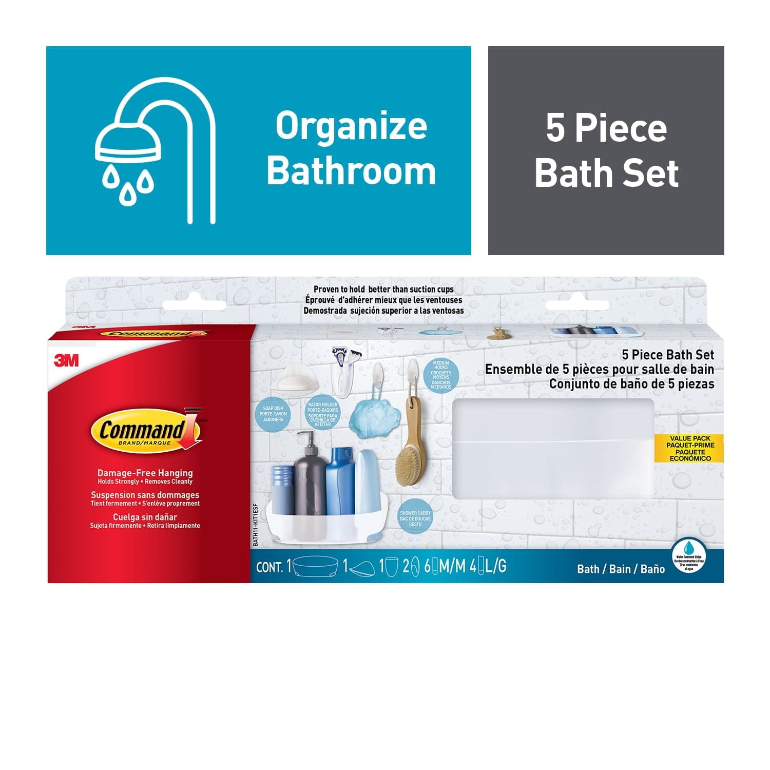 5 Piece Bath Set, 1 Caddy, 1 Soap Dish, 1 Razor Holder, 2 Medium Hooks
