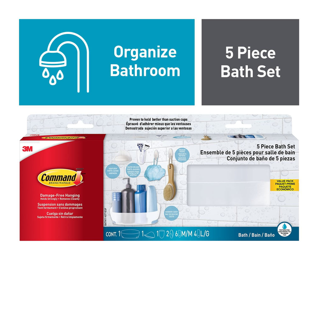 5 Piece Bath Set, 1 Caddy, 1 Soap Dish, 1 Razor Holder, 2 Medium Hooks
