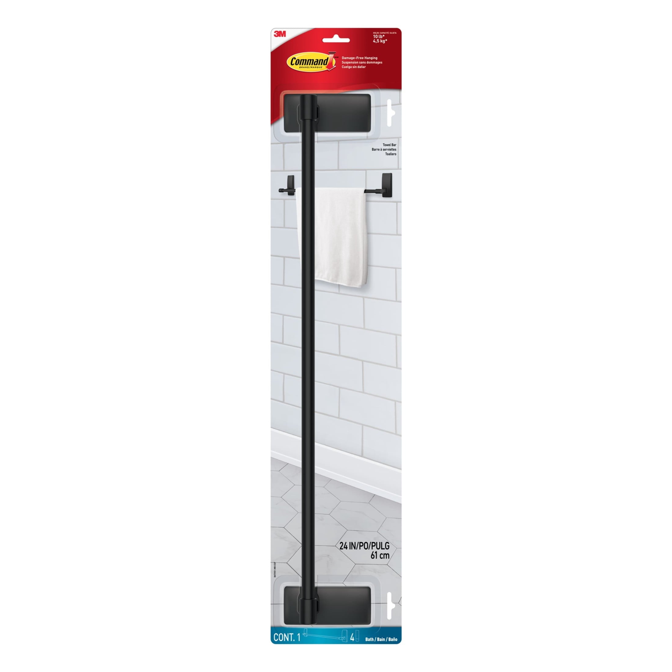 Black Towel Bar, Holds 10 lbs, 2 Large Strips