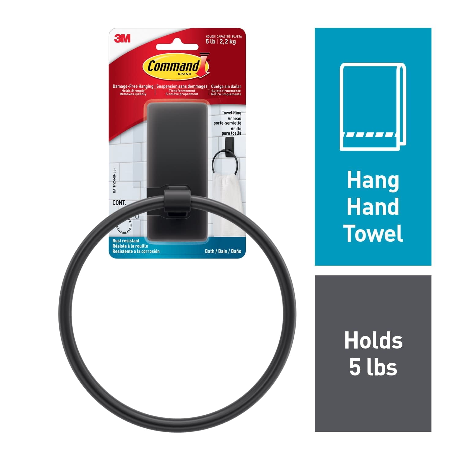 Black Towel Ring, 1 Towel Ring, Holds 5 lbs, 2 Strips, Adhesive Mount