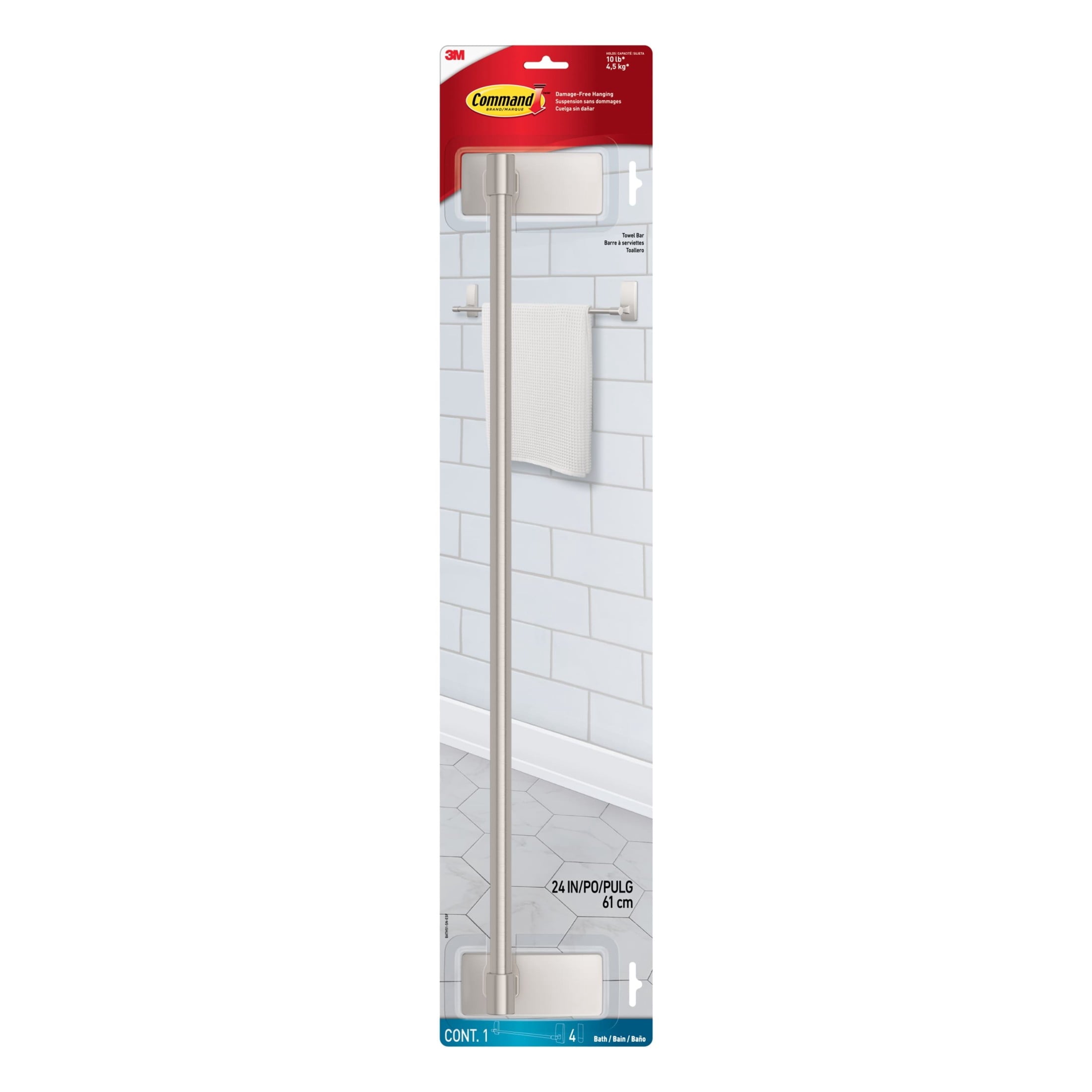 Nickel Towel Bar, Holds 10 lbs, 4 Large Strips