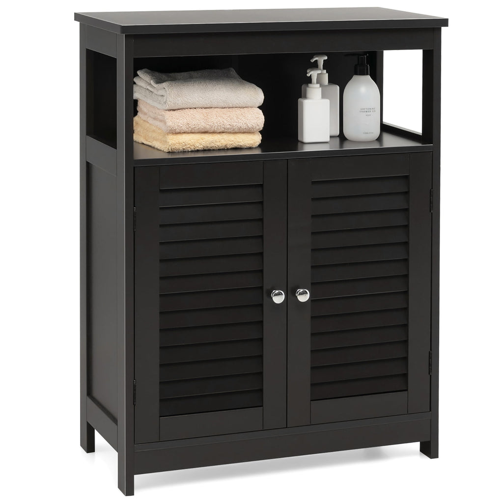 Bathroom Storage Wood Floor Cabinet with Double Shutter Door Black