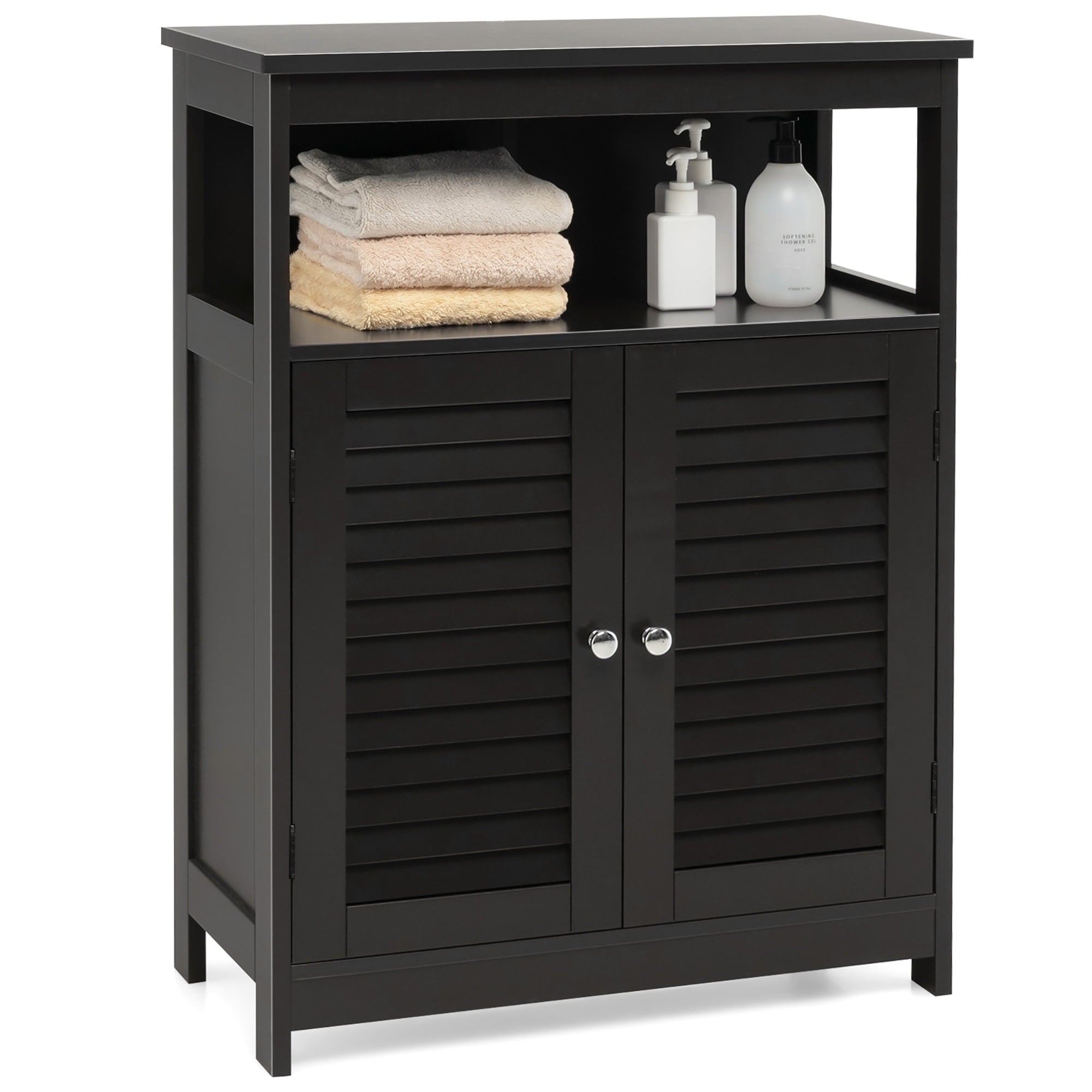 Bathroom Storage Wood Floor Cabinet with Double Shutter Door Black